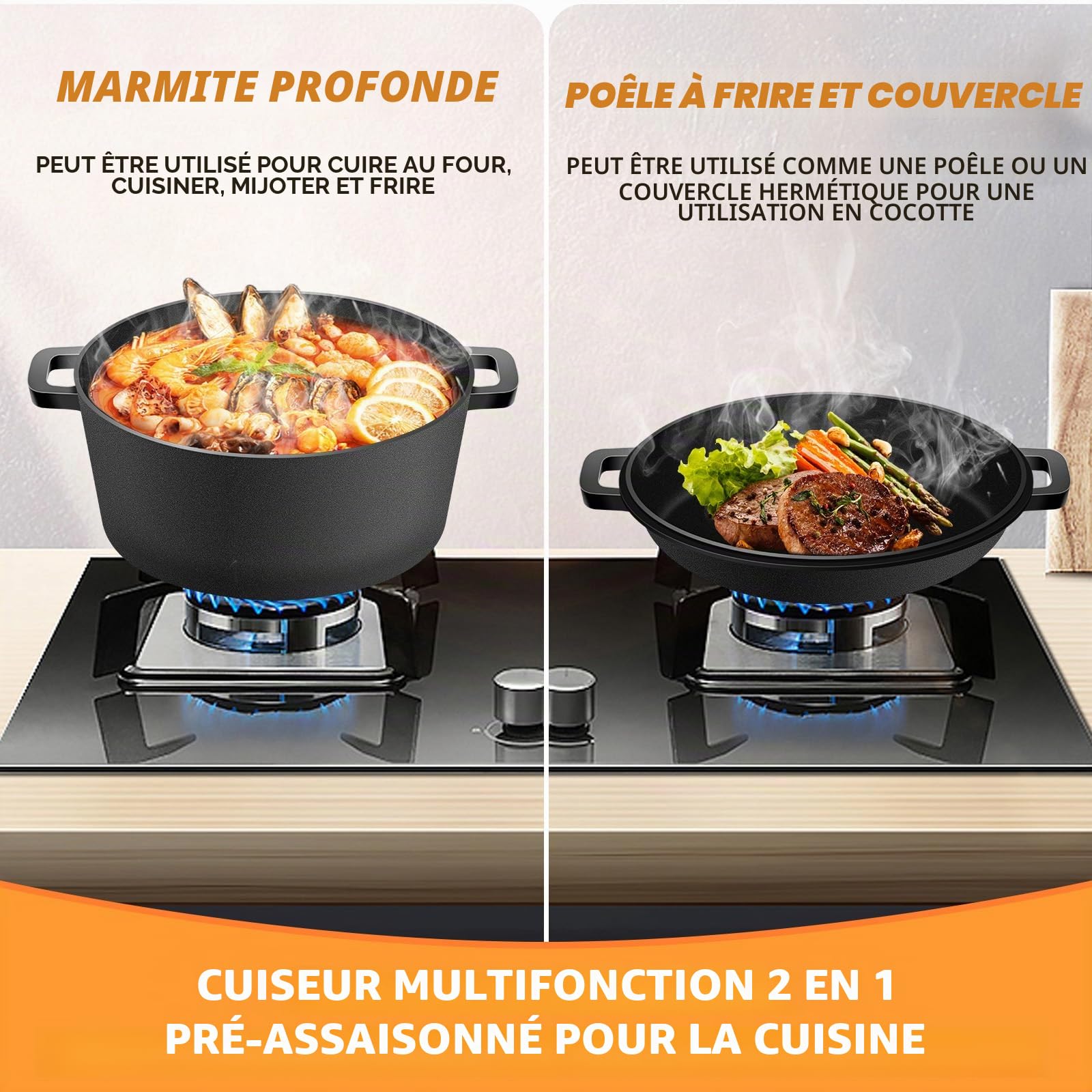 NZQXJXZ Casserole en Fonte pour la Cuisson du pain, 26cm Cocotte en Fonte avec Couvercle pour La Cuisson au four, Marmite 2 en 1 avec Poêle, 4.7L