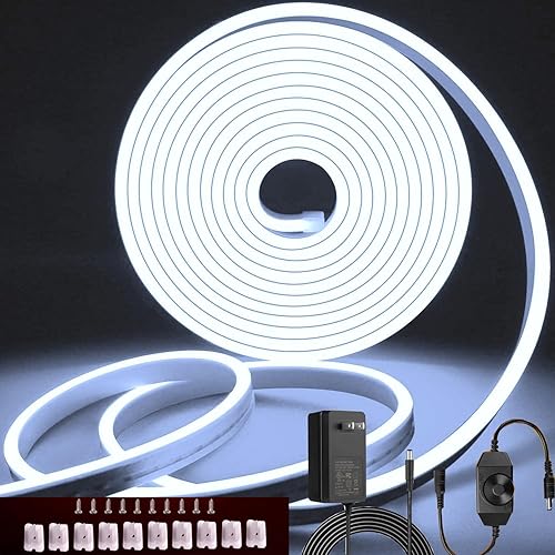LEDURAPROMT Tira de luz LED de neón, tira de luz de neón blanca fría de 16.4 pies, 12 V, flexible, impermeable, de silicona, luces LED para