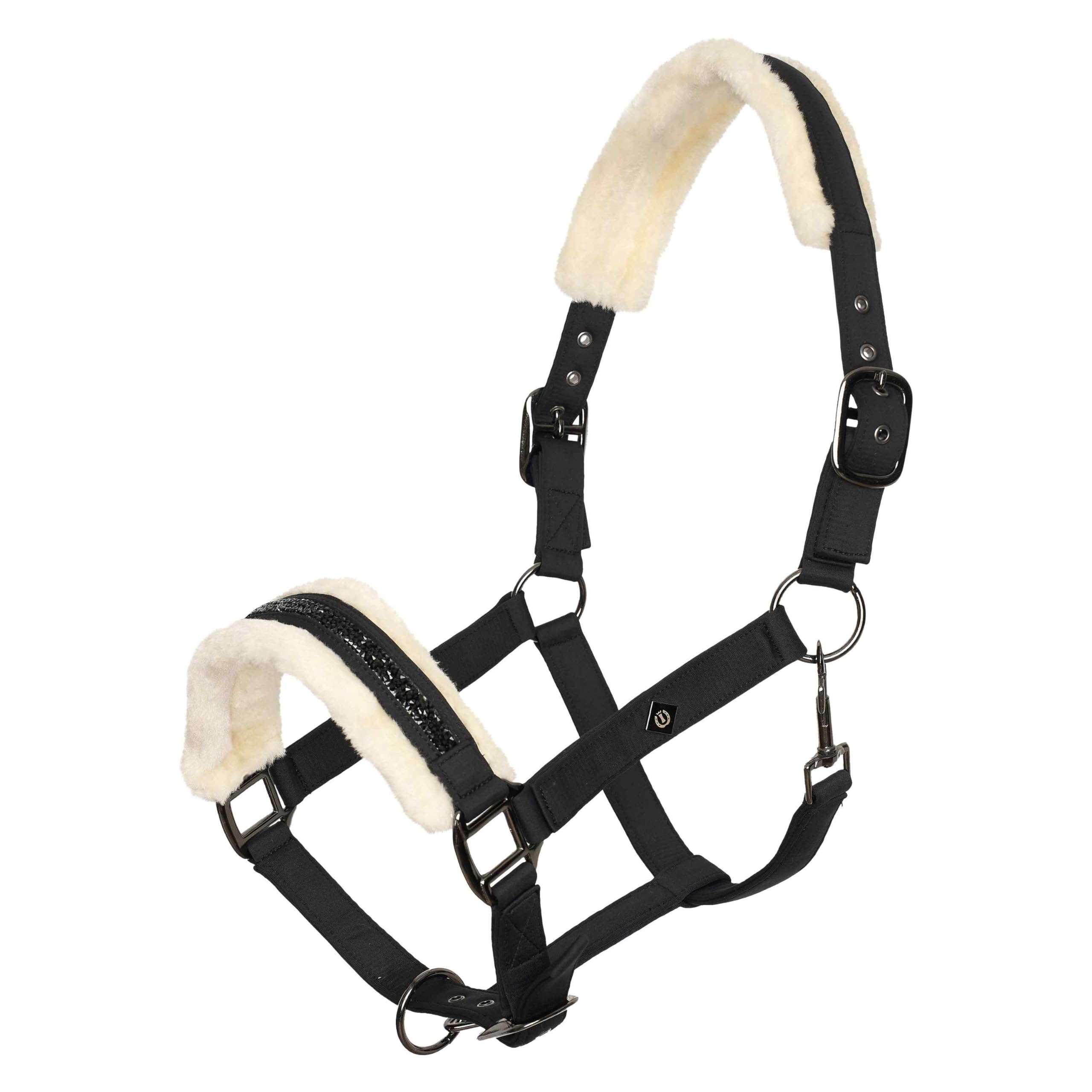 Imperial Riding Headcollar IRHJewel - Glamorous Softshell Halter with Faux Fur Padding & Rhinestones, Adjustable, Comfortable Horse Halter for Stable, Training & Pasture, Black, Full