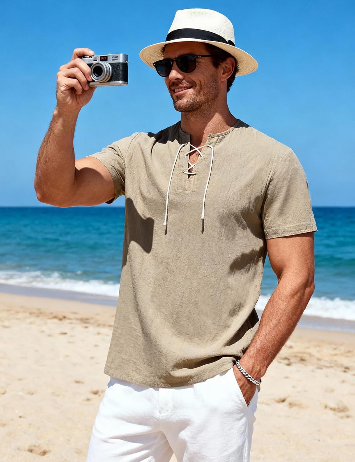 JEMITOP Mens Retro Lace Up Pure Cotton Linen-Like Versatile Breathable Lightweight Shirts for Beach Summer Hippie Boho - Image 2