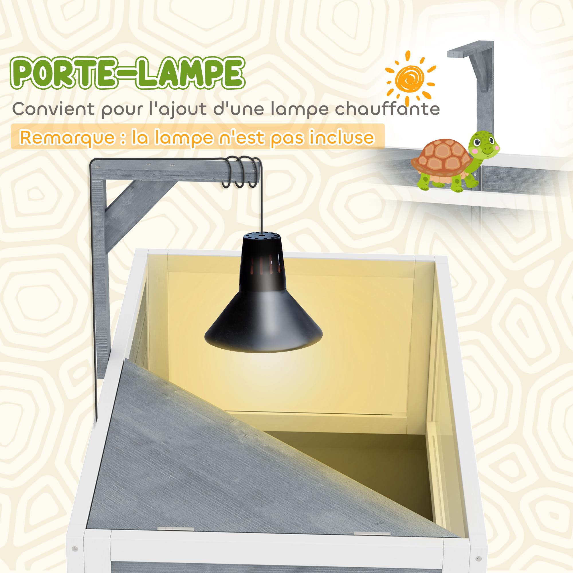 PawHut Casa para tortugas sobre patas de 2 zonas - Terrario para tortugas terrestres con techo corredizo y zona interactiva - recinto 90 cm, soporte lámpara, vista panorámica y estante - gris | Terrario Tortuga Terrestre, Techo Abatible, Zona Interactiva,