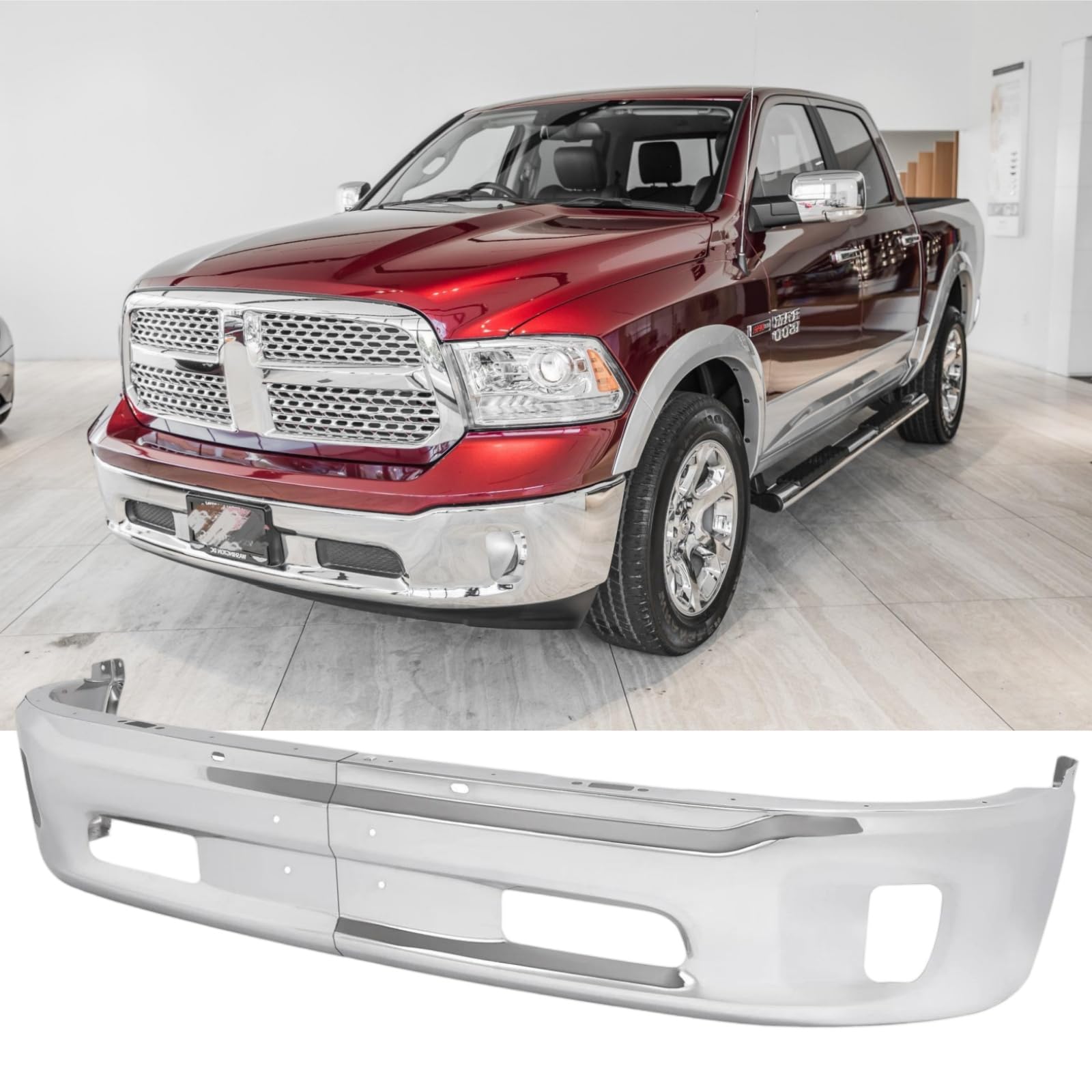 Front Bumper Compatible with 2013-2018 Dodge Ram 1500, Chrome Truck Automotive Steel Replacement Bumpers Face Bar, with Fog Light Holes, without Sensor Holes (Style G)