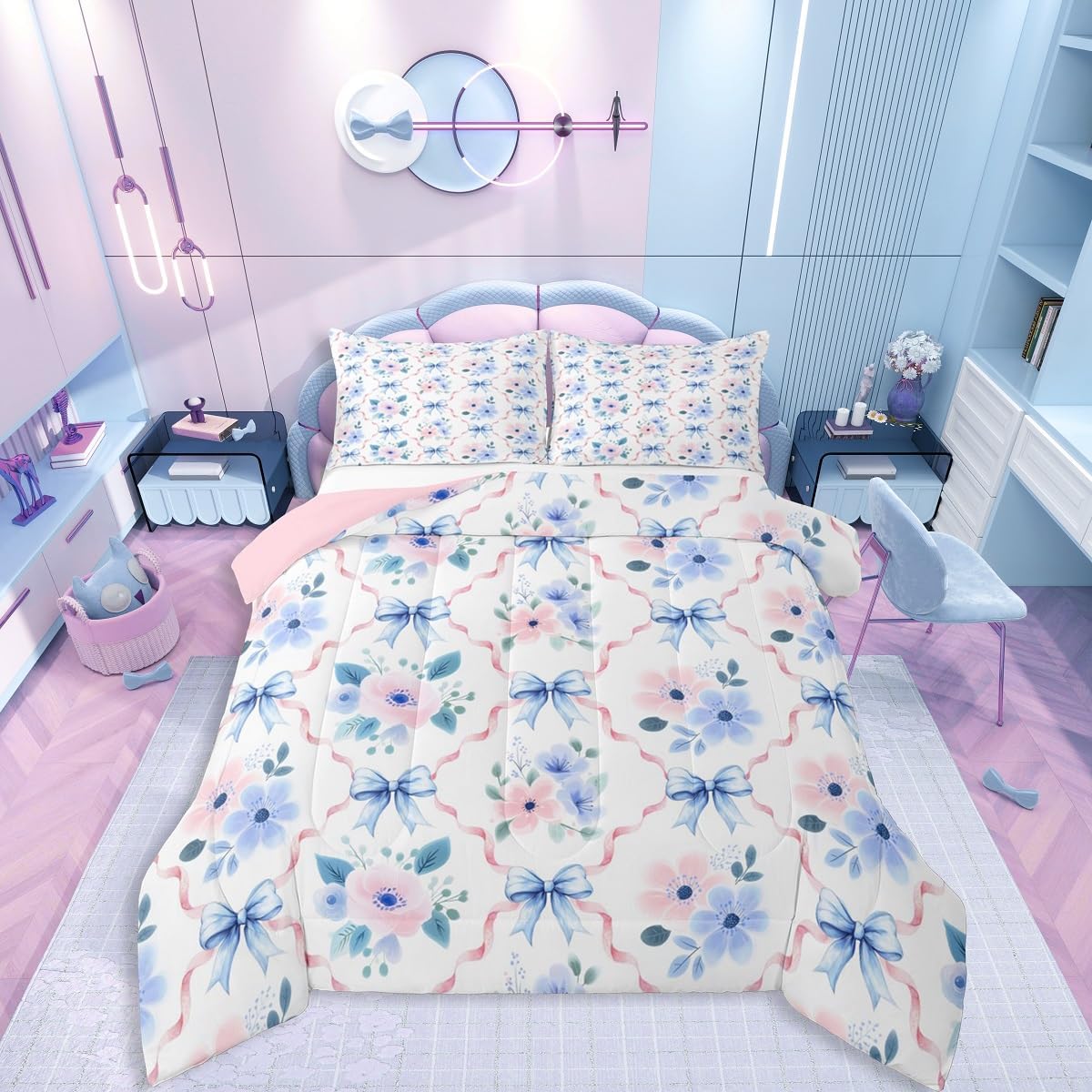 Erosebridal Girls Blue Bow Bedding Set Twin Pink Rose Flower Bow Comforter Set for Kids Teen Women Coquette Floral Bowknot Comforter Aesthetics Room Decor,Watercolor Bows Quilt Soft Lightweight