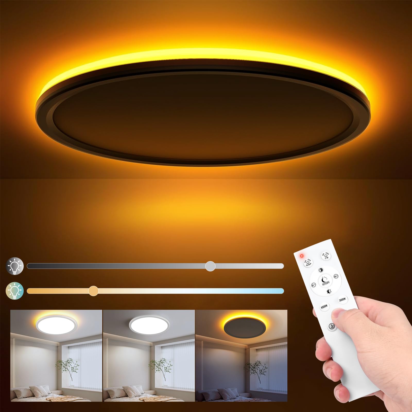 Gaethra Deckenlampe 24W, Led Deckenleuchte Rund 3000K-6500K, 1800K Dimmbar Nachtlicht, Deckenleuchten für Schlafzimmer, Kinderzimmer,