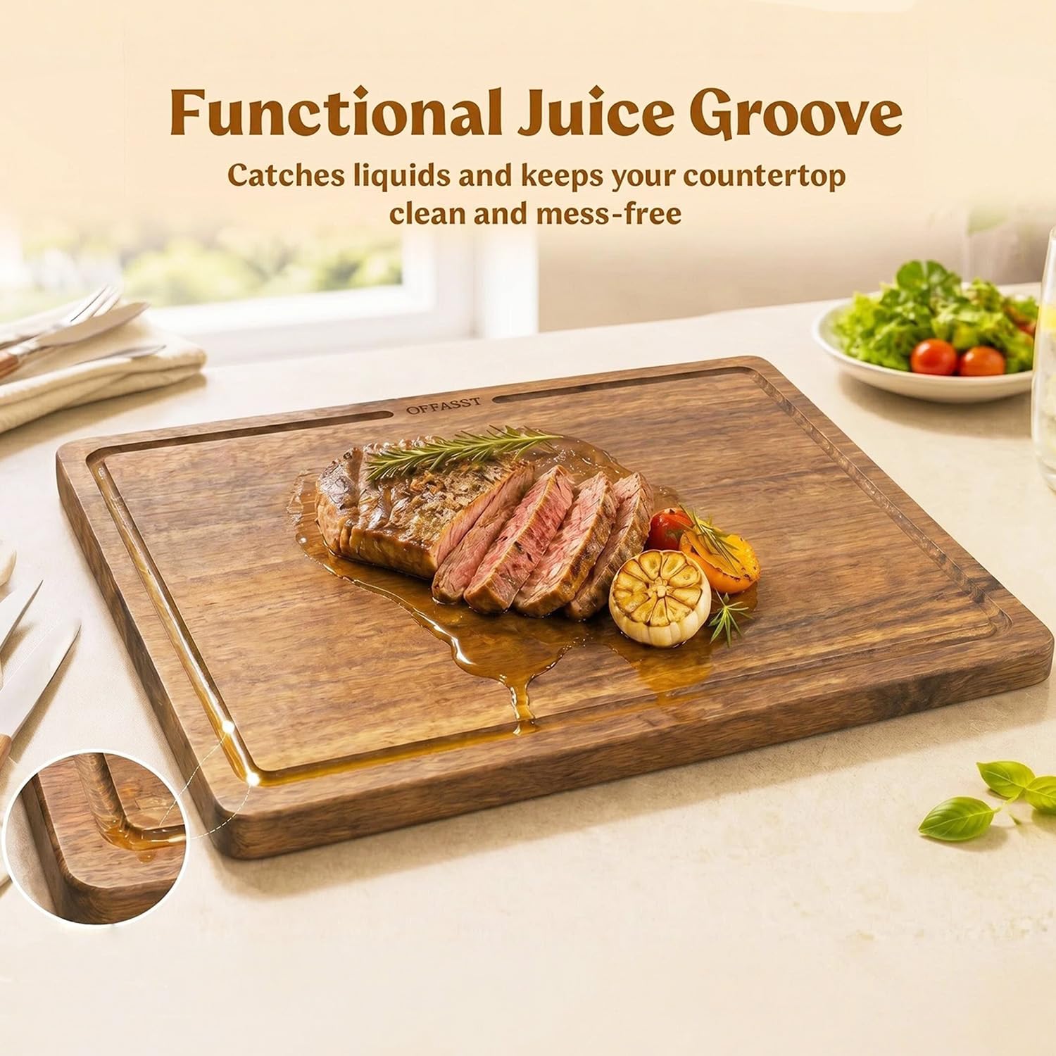 Akazienholz Schneidebrett Set 3-teilig(40x30, 33x24, 27x18cm) – Holzbrett Küche mit Brettständer, Schneidbretter aus Holz für Fleisch & Gemüse, Cutting Board