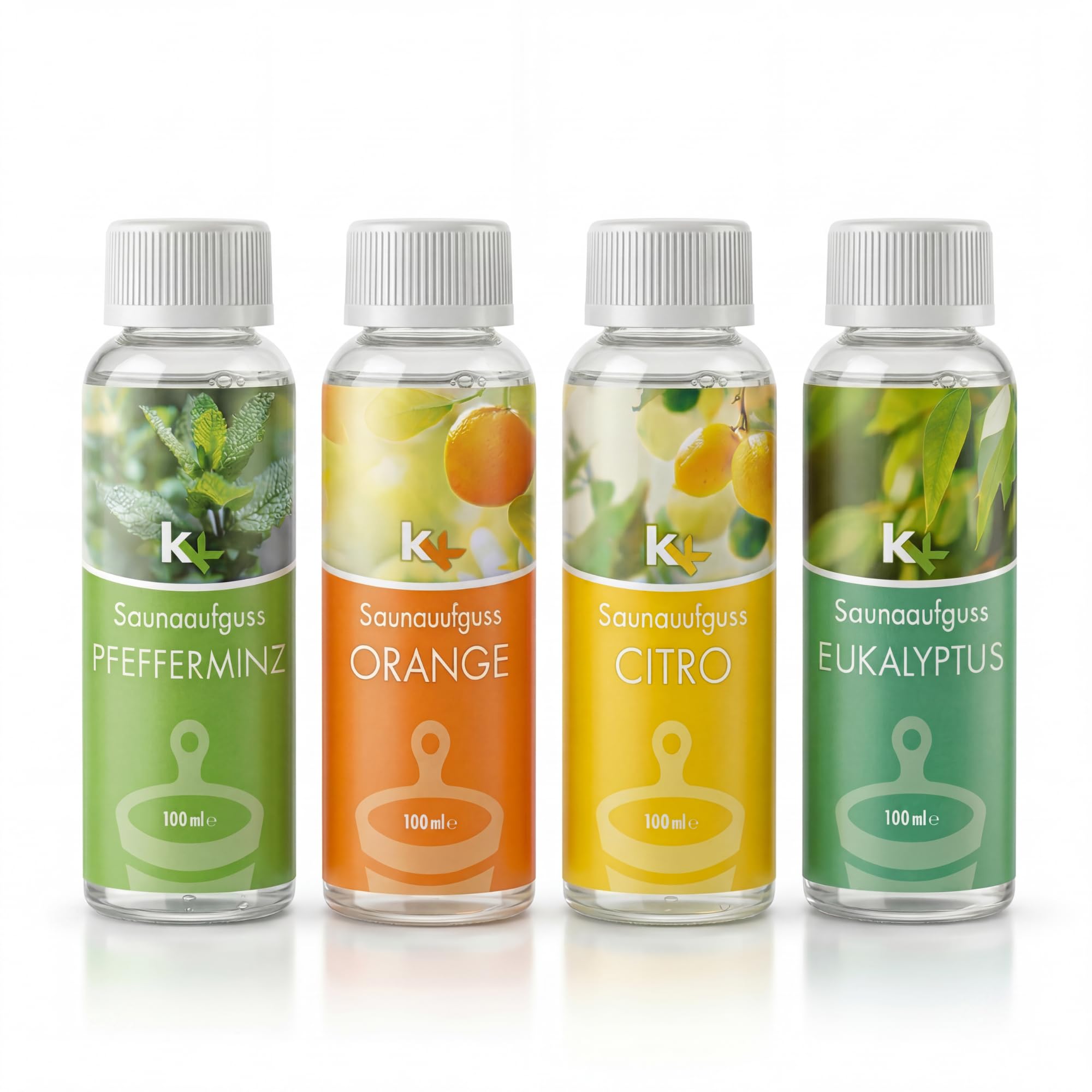 Saunaaufguss-Set 4er | Premium Saunaduft-Set mit Eukalyptus, Orange, Zitrone & Pfefferminz | Hochwertige Sauna Aufgussmittel 4×100 ml | Made in Germany | Intensives Aroma & Geschenkidee
