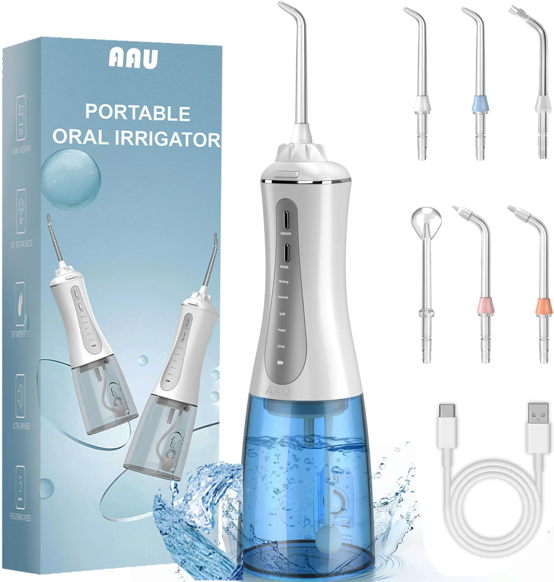 Water Flosser for Teeth Cordless 350ML Big Tank Portable Oral Irrigator with 5 Modes 6 Replaceable Tips - IPX7 Waterproof Powerful Battery Life Water Travel Picks Home Use Blue White
