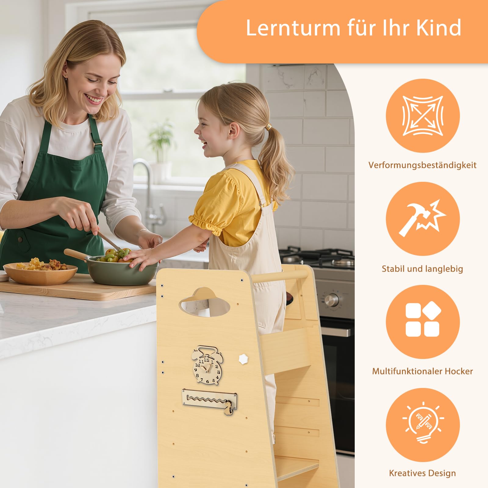 Lernturm für Kleinkinder – 3-in-1 Montessori-Küchenhocker mit Sicherheitsgeländer, höhenverstellbar, stabil mit Anti-Rutsch-Basis, umwandelbar in Hochstuhl und Aktivitätscenter