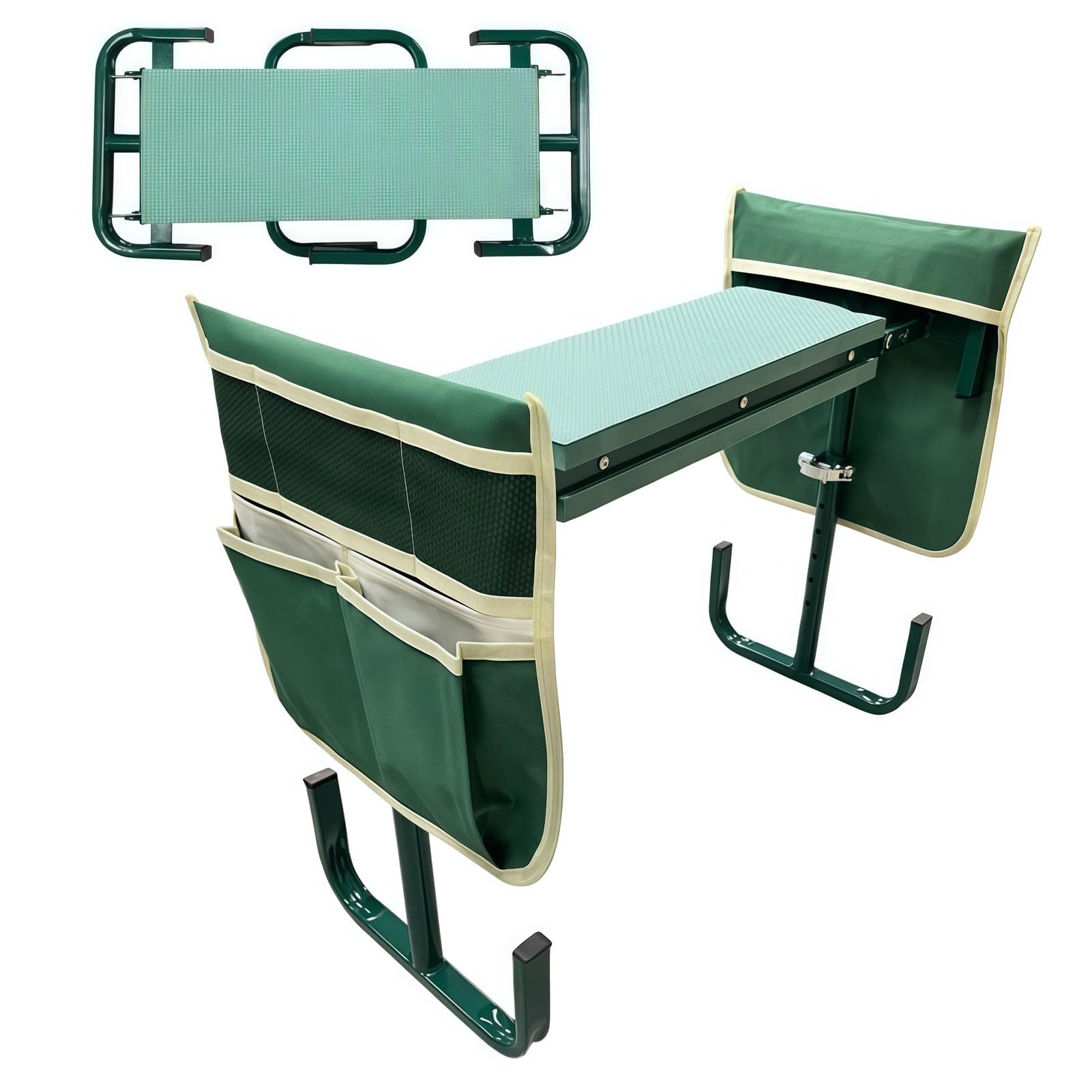 Sedile Inginocchiatoio da Giardino con Borse per Attrezzi, Sgabello da Giardino Pieghevole per Inginocchiarsi e Sedersi, Sgabello da Ad Altezza Regolabile per Piantare (GREEN)