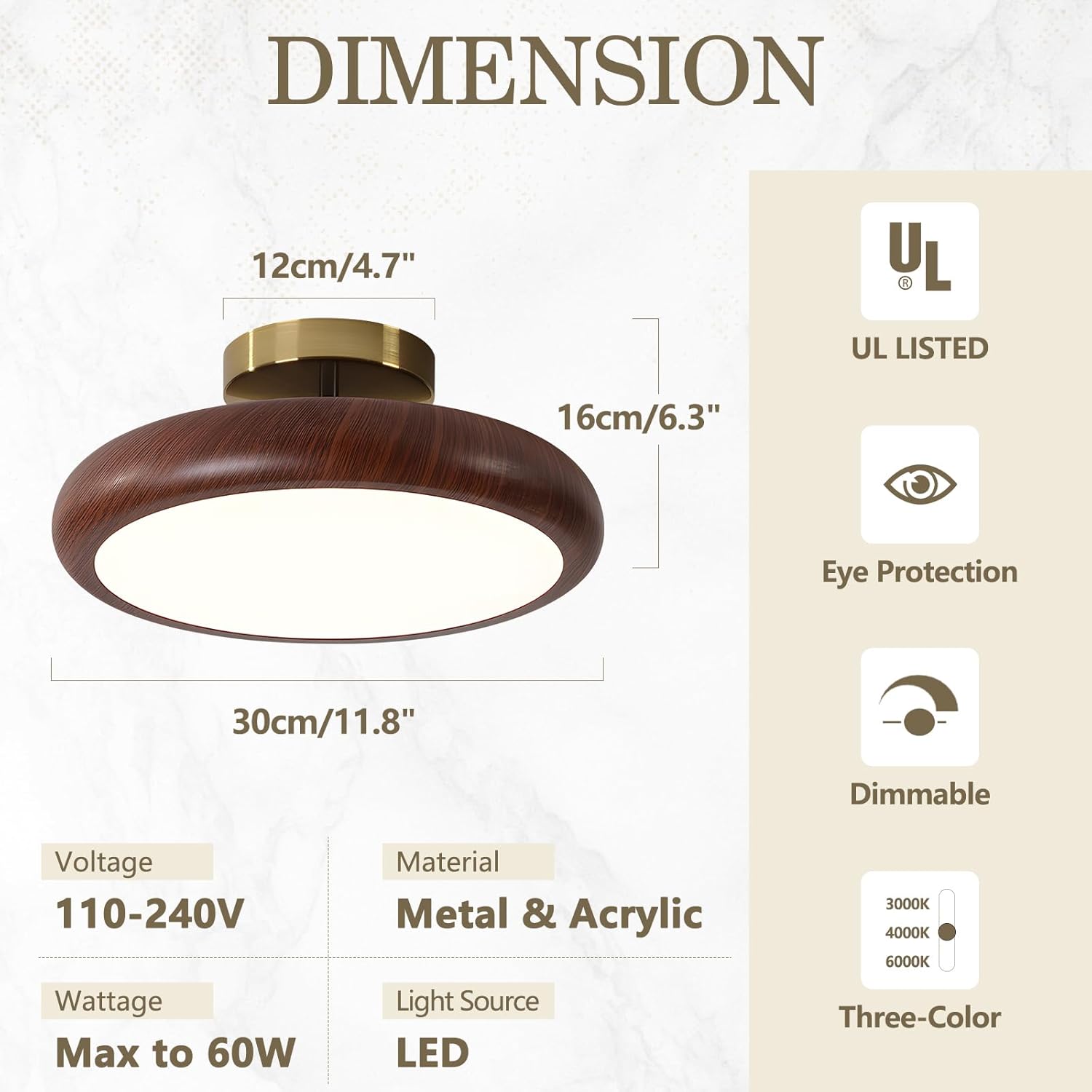 BOKT LED Gold Semi Flush Mount Ceiling Fixture Remote Control Dimmable 2700K-6000K Lighting 11.8 Inch Round Close to Ceiling Lighting Fixtures Entryway Wood Grain Mini Ceiling Lighting