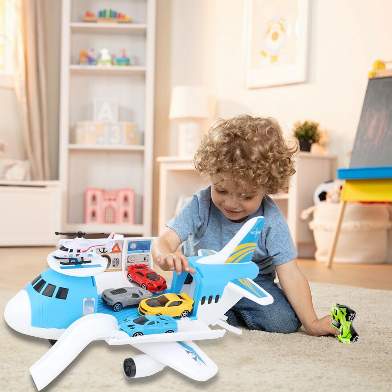Set Regalo Giocattolo Genitori e Bambini Giocattolo aereo sicuro con aereo grande 5 auto e 1 elicottero Ideale per genitori che regalare giocattoli aereo ai loro bambini di 3 anni e più