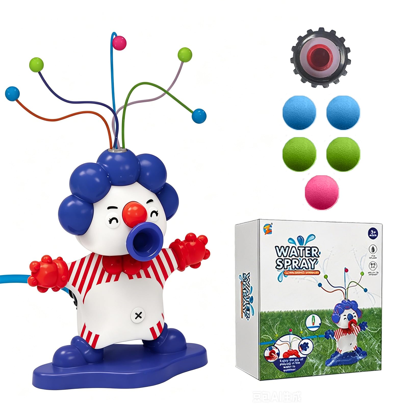 Water Sprinkler for Kids, Cute Clown Garden Water Toys Sprinkler with 5 Wiggle Water Tubes Sponge Balls Hose Adapters, Garden Toys for Toddlers Ages 3-8 for Lawn, Outdoor, Pool party