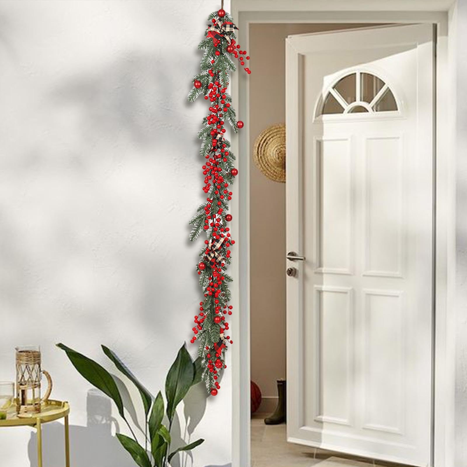 Guirnalda de Navidad Corona Decorativa con Ramas Artificiales Bayas Rojas Lazo Adorno para Colgar en Puerta Pared Ventana Adecuada para Fiestas Hogar, Estilo a, Individual