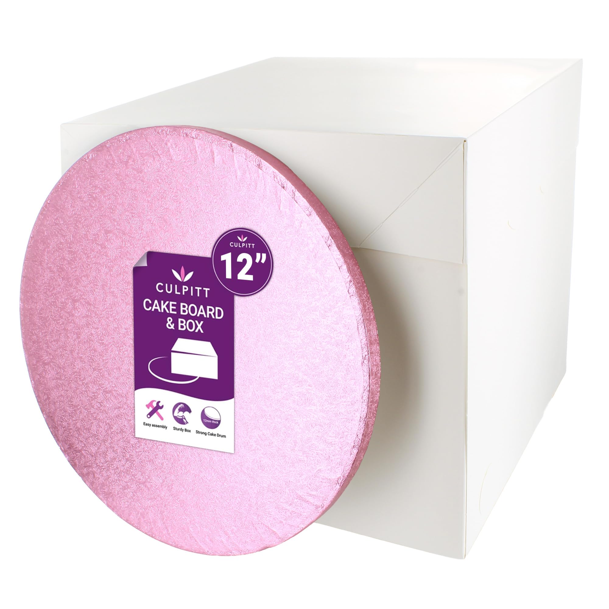 Culpitt Light Pink Board & Tall Box Set | 12" | Tall White Cake Box & Coloured Drum, Box And Colourful Cake Board, Storage & Transport Combo For Decorated & Tiered Cakes