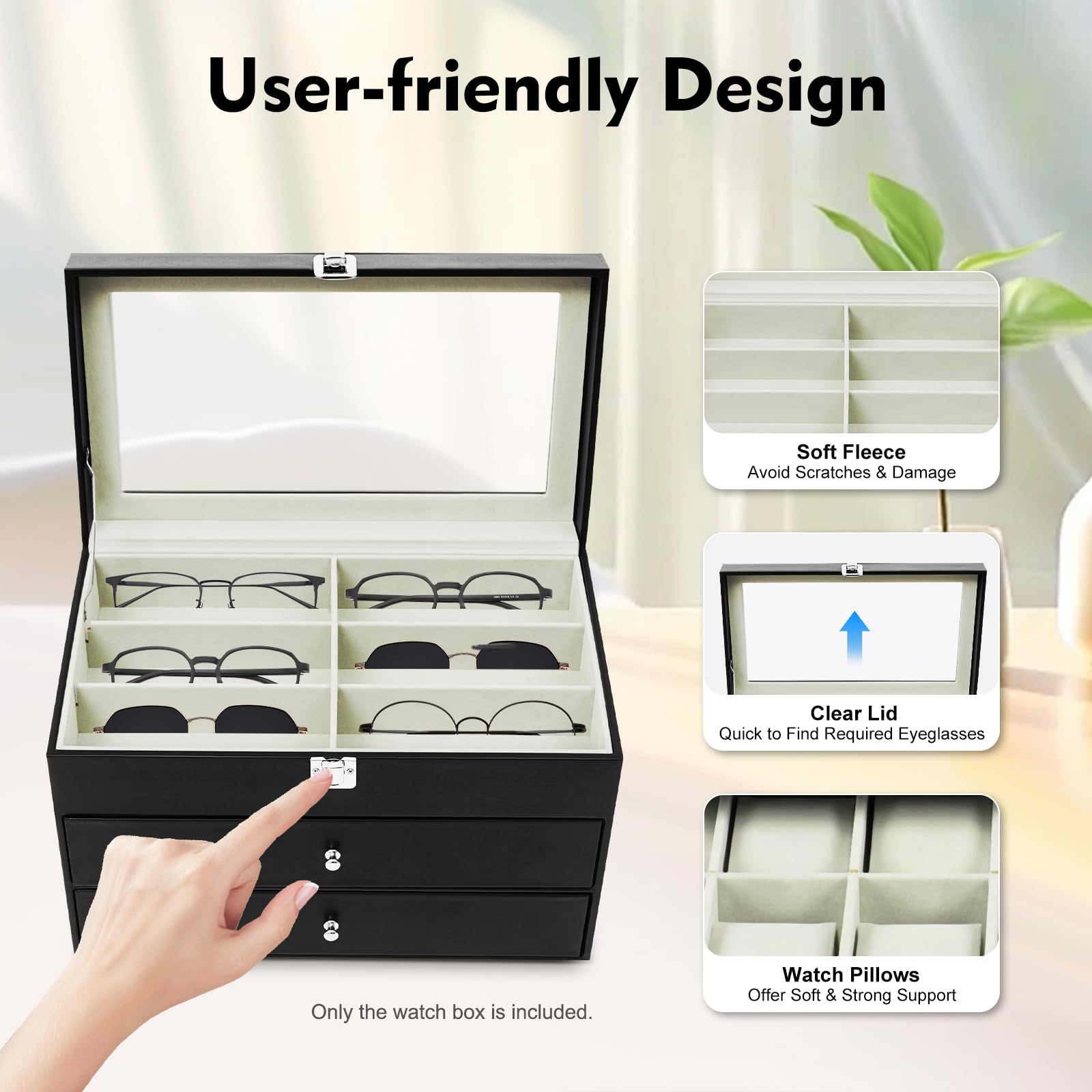 Caja para relojes con 24 compartimentos, caja para gafas, caja de reloj de 3 pisos con tapa de cristal, 12 relojes, 12 gafas, caja de almacenamiento con cajón, resistente al polvo, piel sintética