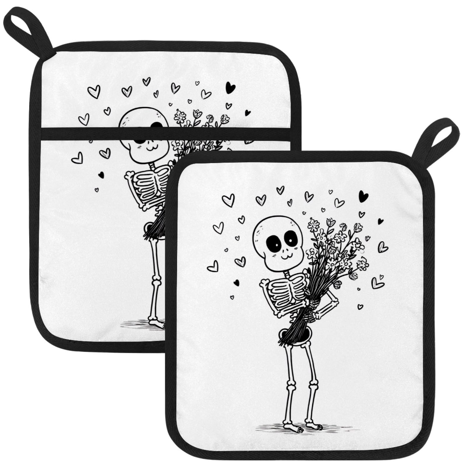 VAPOKF Skeletons Flower Heat Resistant Pot Holders, Thick Pot Holders Pad with Hanging Loop for Kitchen, Oven Cloth Pads for Kitchen Baking Microwave Oven