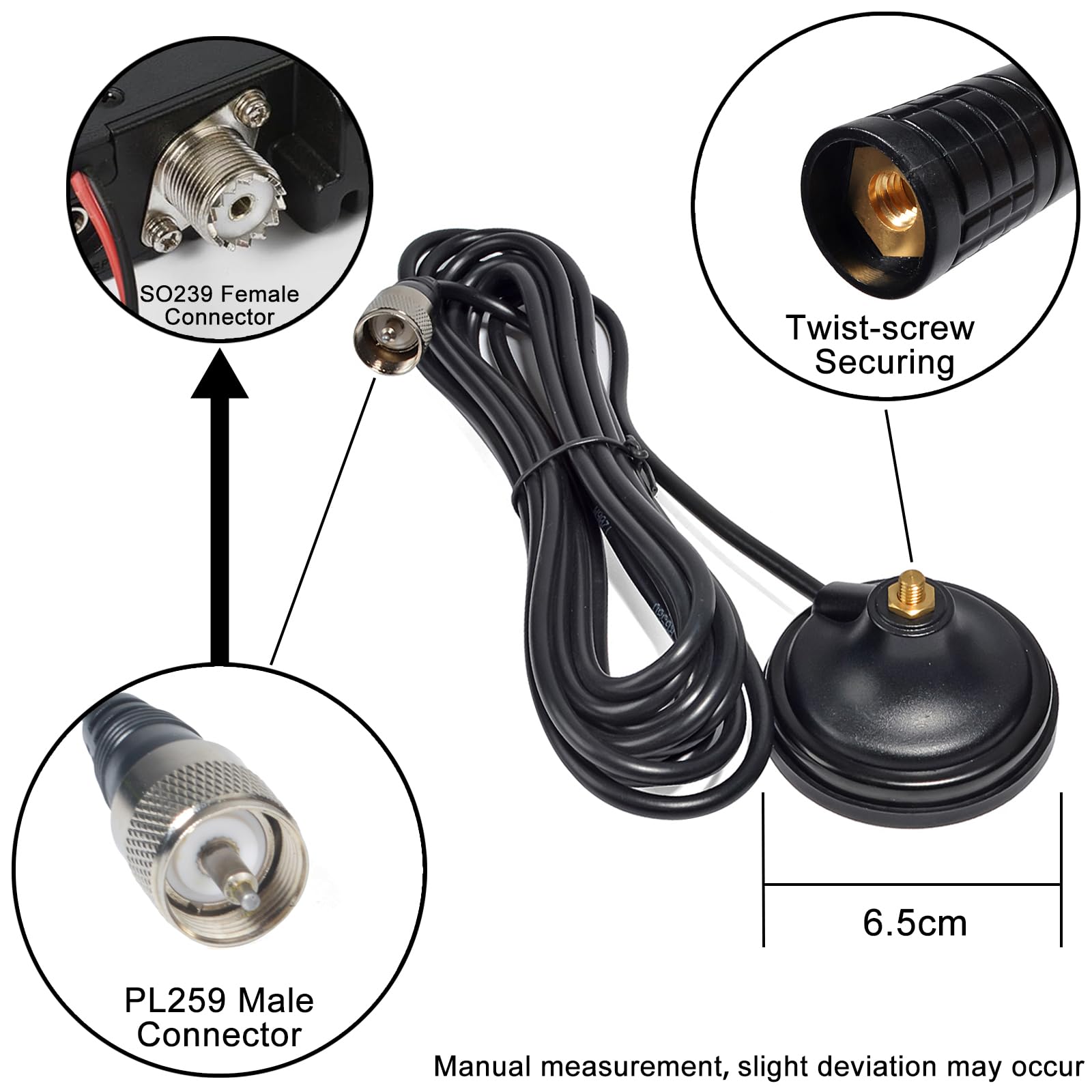 Antenne 27MHz CB avec Base Magnétique Connecteur PL259, Câble RG-58 de 4 Mètres, Adaptée aux Radios CB Mobiles/Portables