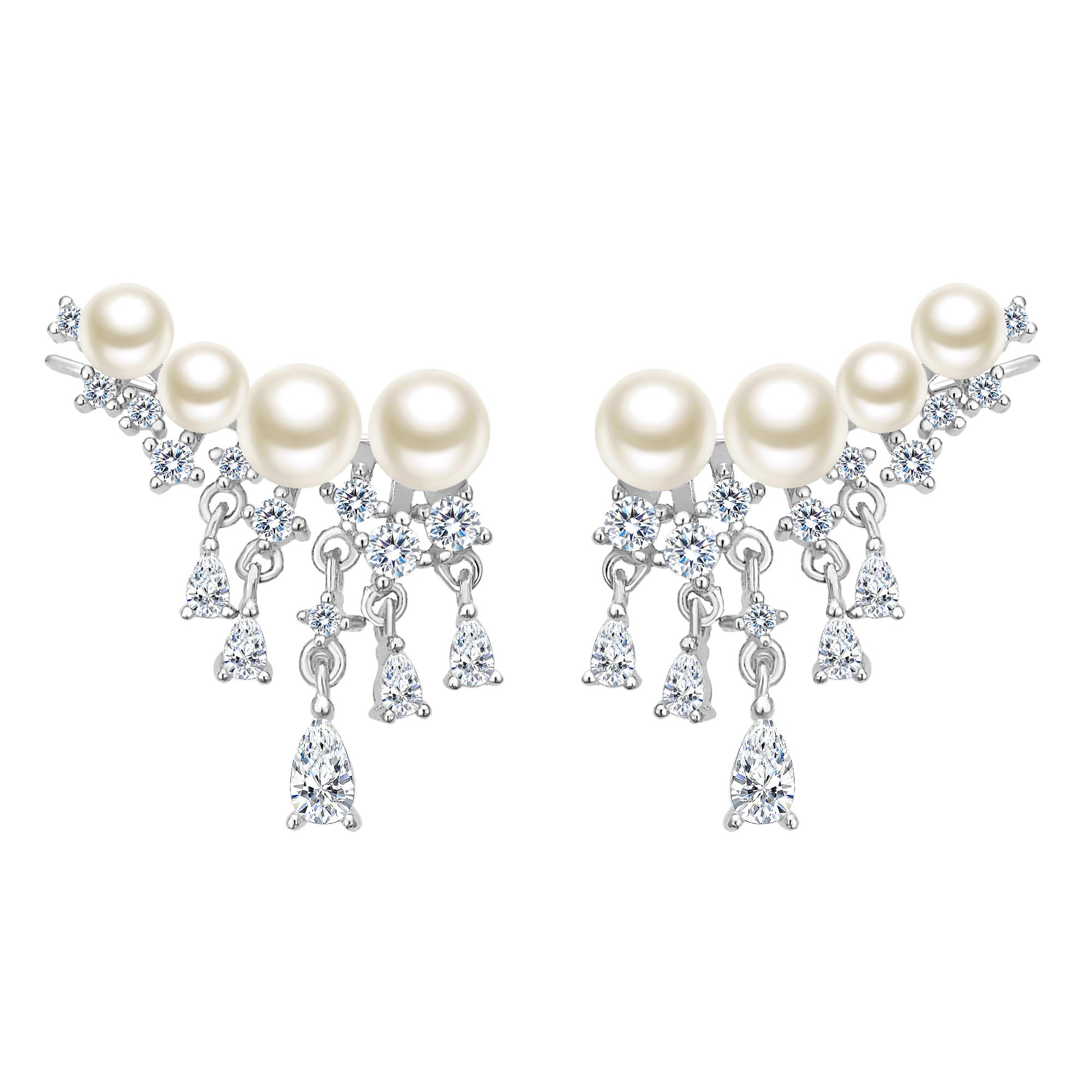 EleQueen 925 Sterling Silver CZ AAA Button Cream Freshwater Cultured Pearl Ear Crawlers Earrings 1 Pair Ivory Color