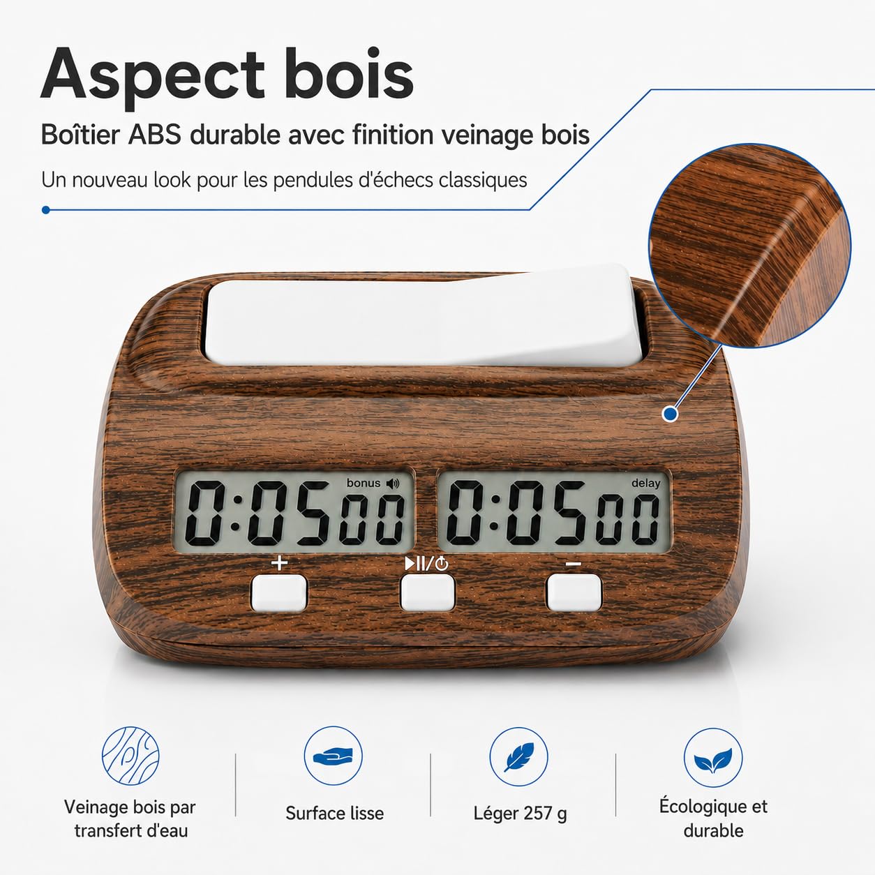 Horloge D'échecs Numérique Professionnelle, Minuteur Échec Electronique avec Compte à Rebours/Bonus/Retard, Pendule Echec Bois, Échiquier Electronique, pour Échecs, Jeu de Go et Gobang