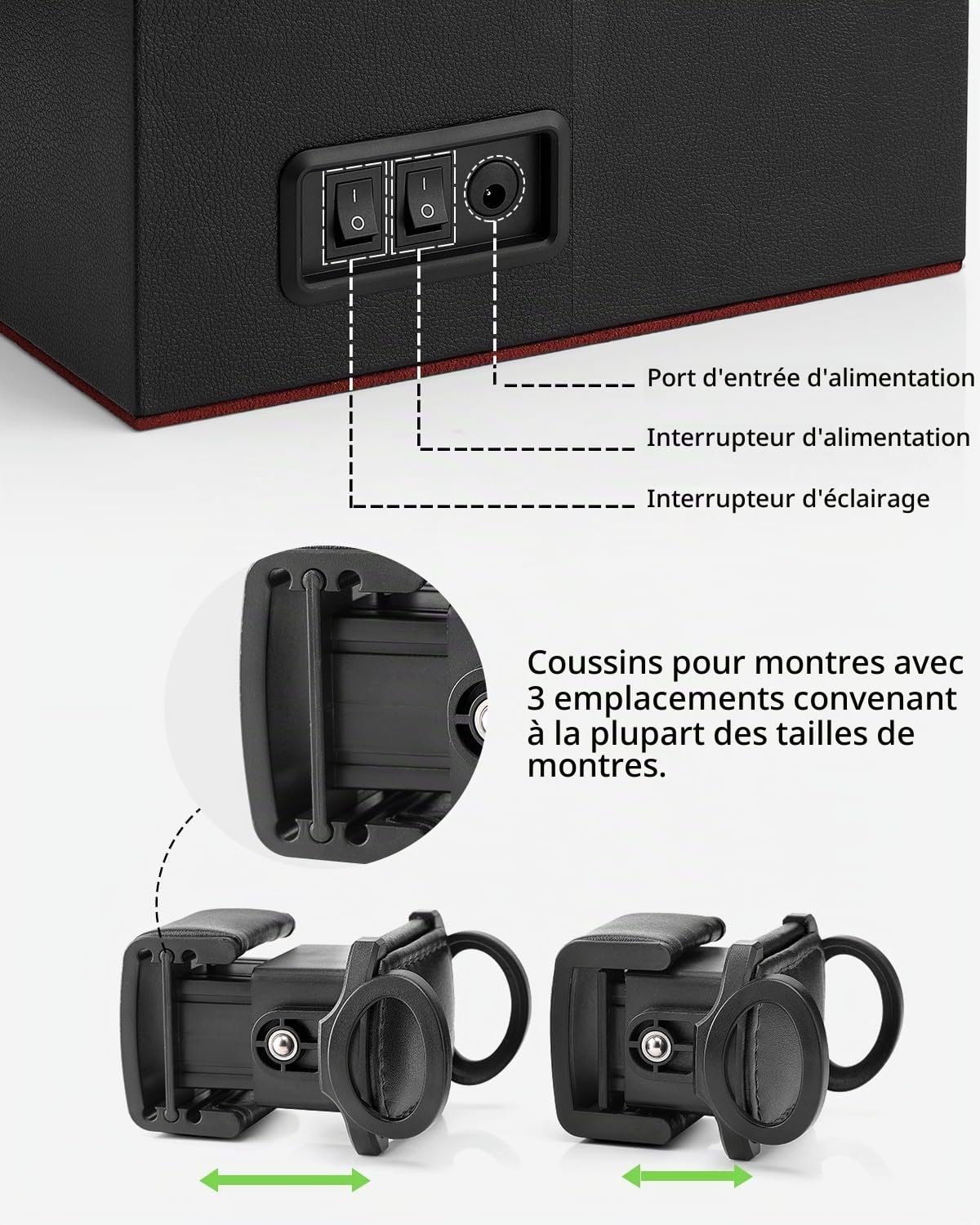 Vlando Remontoir à Montres Automatique 2 Montres, Remontoir Montre en Cuir avec Pochette de Rangement pour Bijoux, Moteurs Silencieux Japonais, éclairage LED, Adaptateur Secteur
