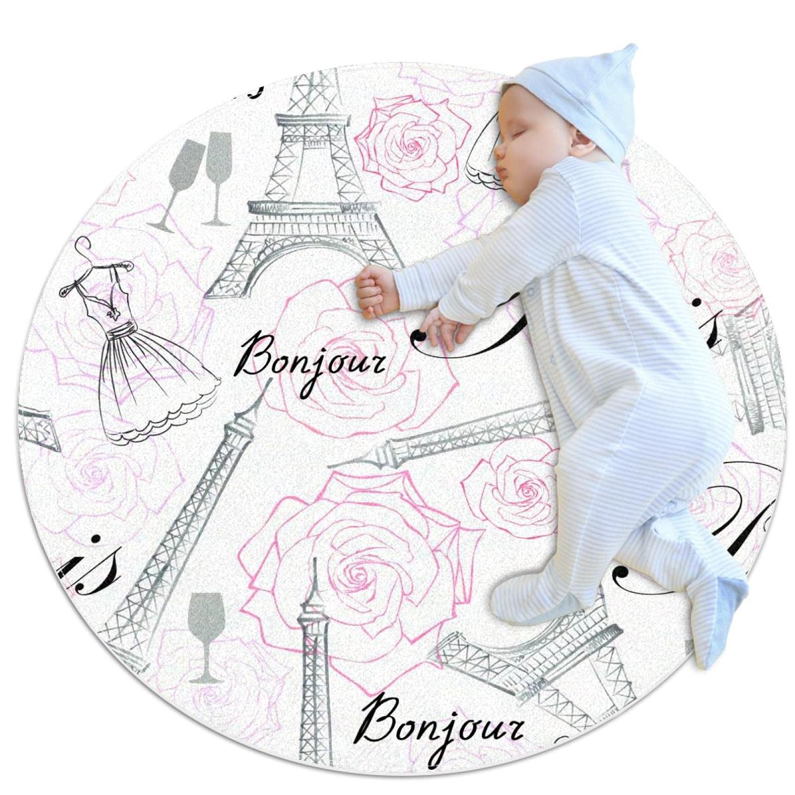 Tapis de jeu pour enfants motif Tour Eiffel Paris rond 80cm cadeau de naissance