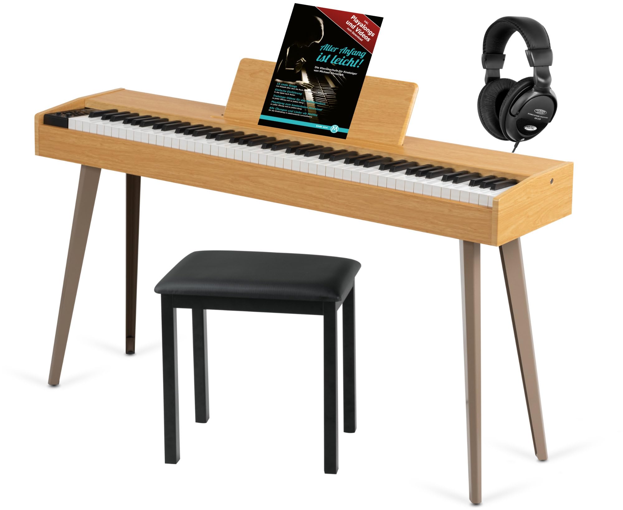 McGrey DP-17 AL Design Piano Set Frassino Chiaro, Polifonia a 128 voci | 88 tasti pesati con meccanica a martello, Dinamica di tocco (On, Off), 80 brani demo interni, 128 suoni, 2x cuffie, Cuffie