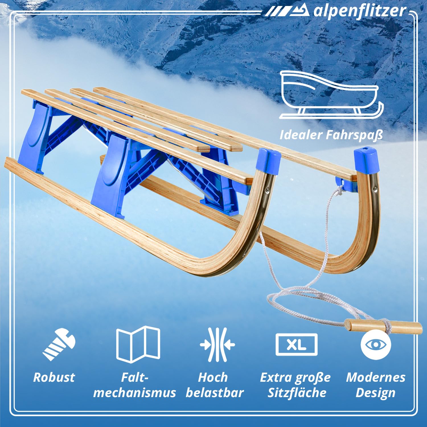 Trineo de Madera Alpenflitzer® con Respaldo 110 cm; Trineo Davos Plegable para niños; Trineo de Madera de Haya de Primera Calidad Trineo Plegable (Modelo 2023)