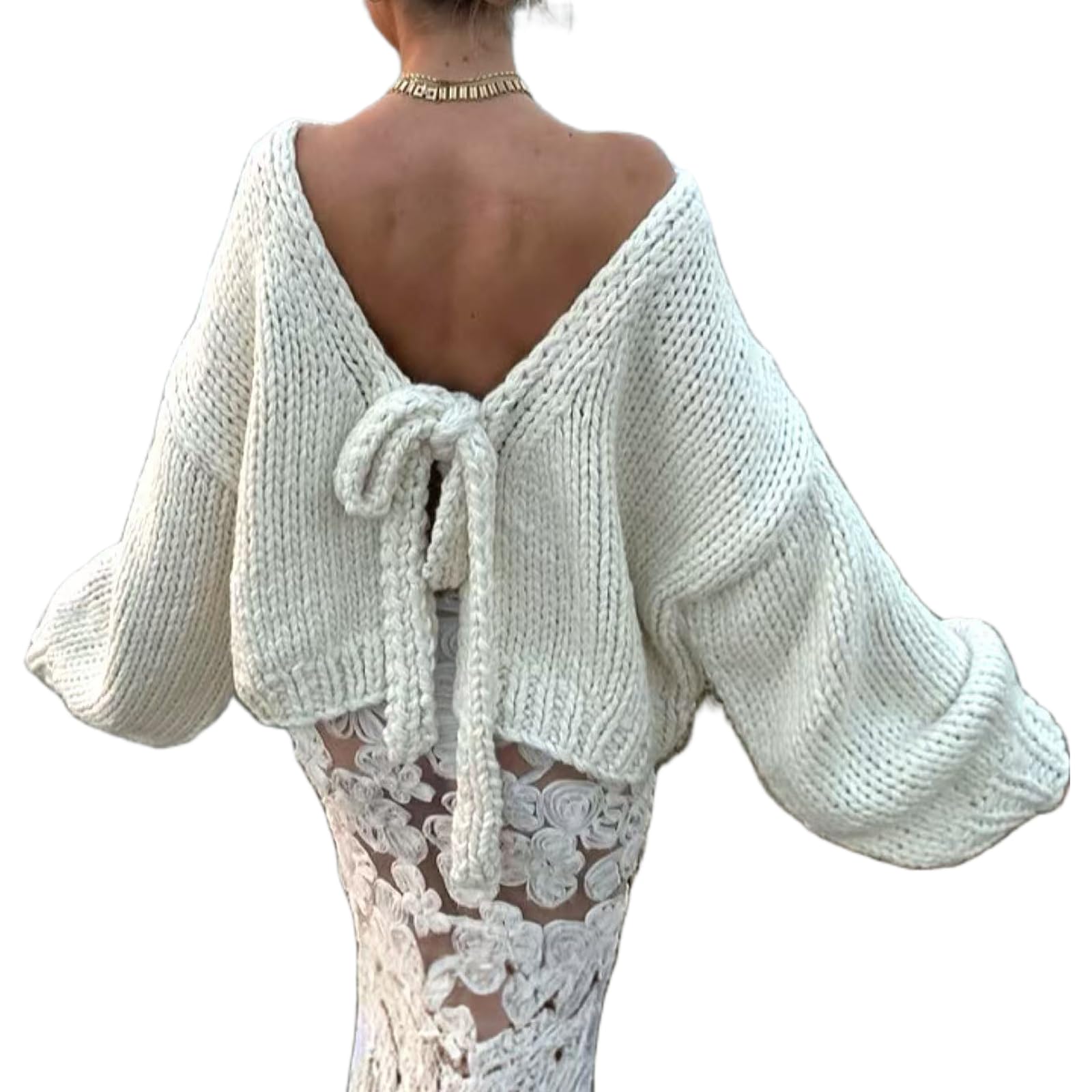 Womens Chunky Cropped Sweaters Long Sleeve Casual Knit Pullover Tie Back Crew Neck Fall Outfits Fashion Clothes