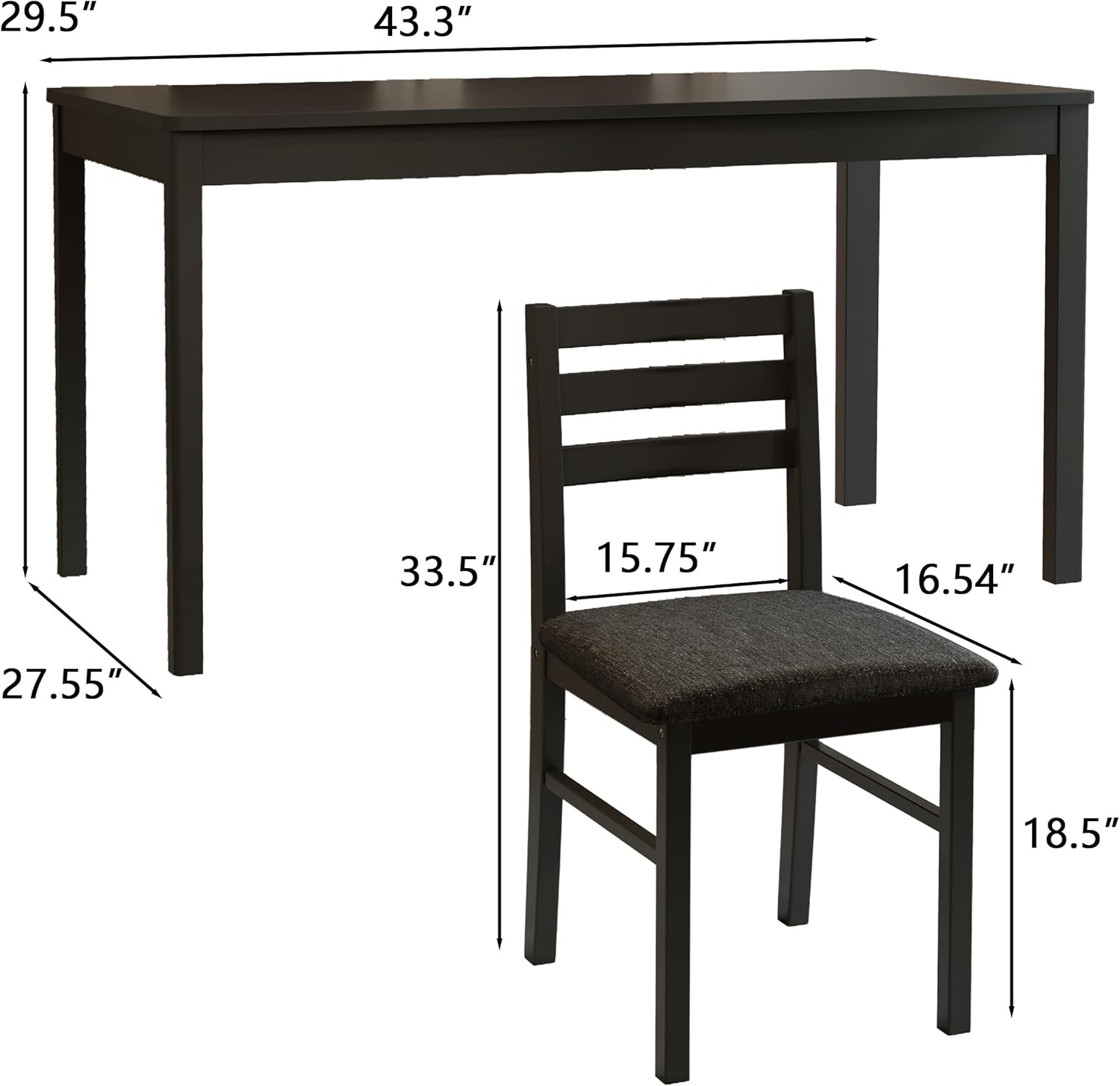 5-Piece Solid Wood Indoor Modern Rectangular Dining Table Set for 4,Table and 4 Chairs Set with Soft Cushions for Kitchen,Bar,Living Room,Breakfast Nook,Black