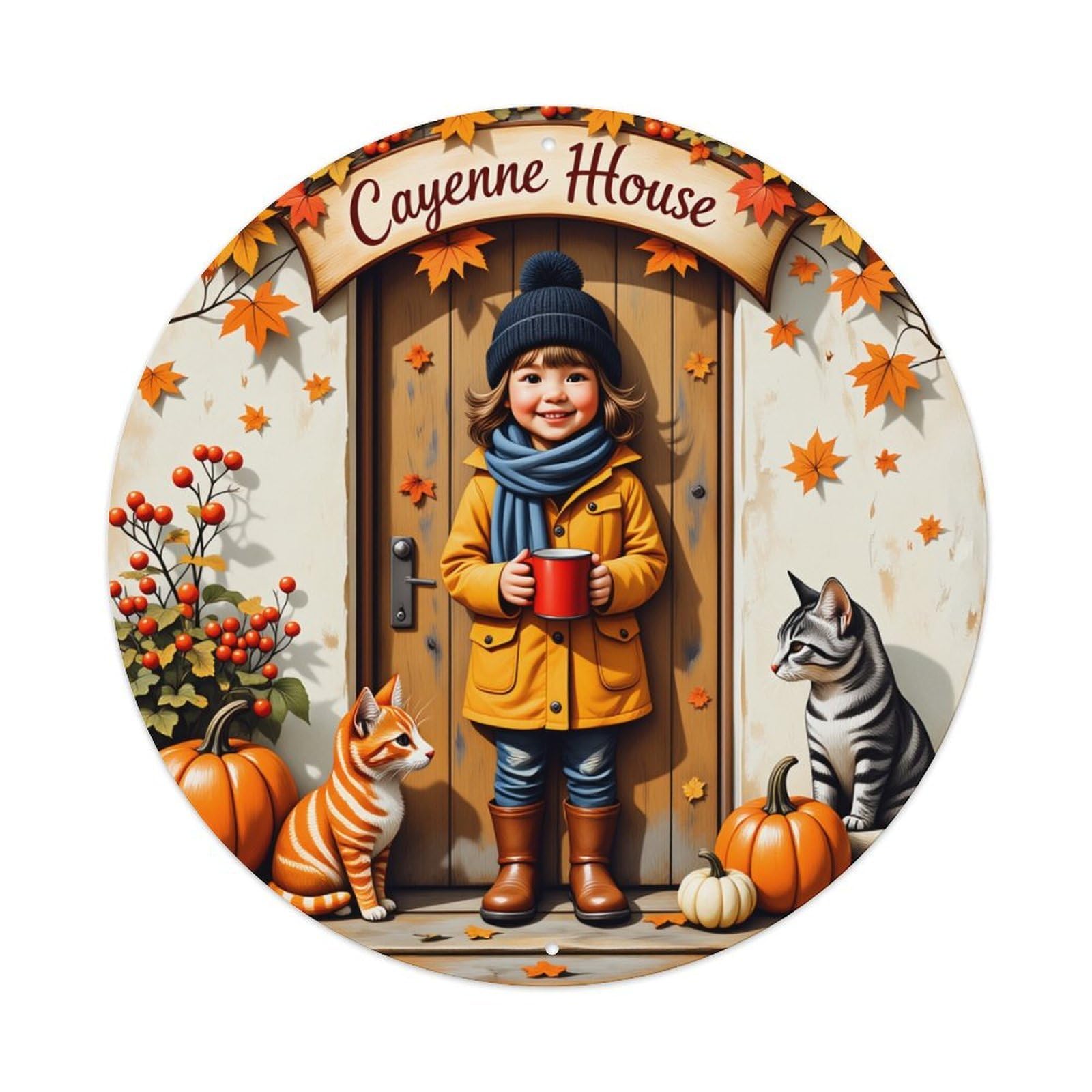 Autumn Doorway Child Cats Pumpkins Vintage Metal Tin Sign Retro Wall Decor for Home Bar Garage Cafe, Indoor & Outdoor Decorative，circle Metal Poster, 8x8 Inch