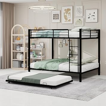 Bunk Bed with Trundle, Metal Bunk Beds with Guardrail and Ladder for Kids/Teenagers/Adults, Space-Saving Bunk Bed Frame Can be Split Into 3 Beds, No Box Spring NeededFull,Black