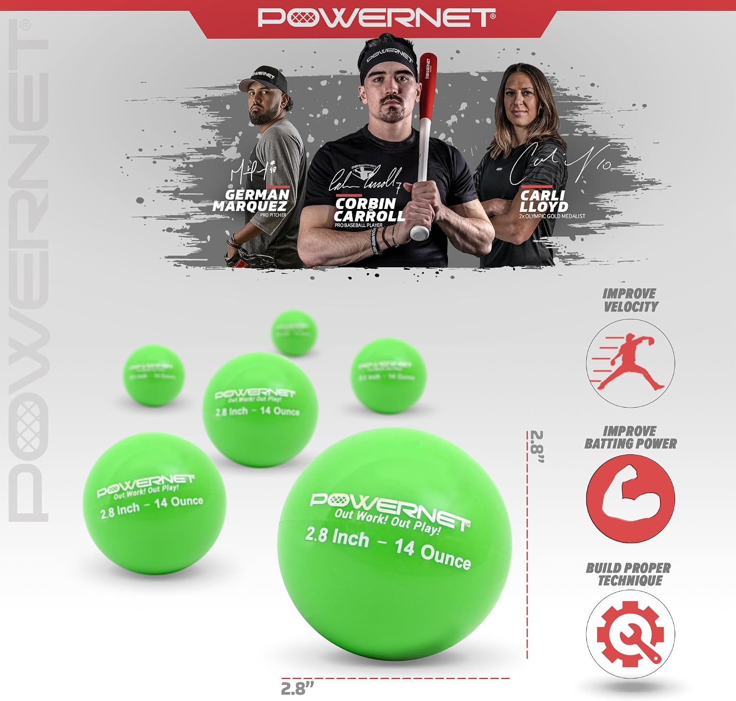 PowerNet Corbin Carroll Weighted Hitting Training Balls, 6 PK 2.8" and 6 PK 2" Micro Ball Combo, Choose Your Weight, Enhance Strength and Hand-Eye Coordination