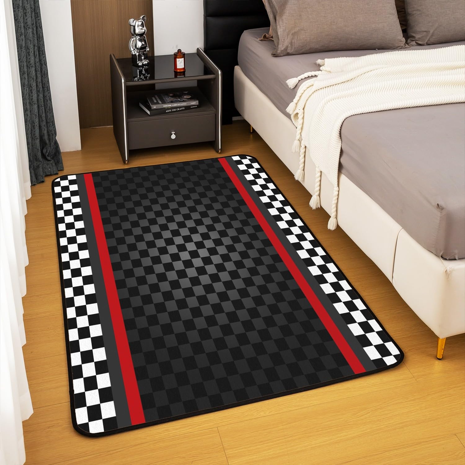 Racing Car Track Area Teppich 100x150,Schwarze Wabengeometrie rutschfeste Teppich, Schwarze weiße Flagge Plaid Dekor Teppich für Wohnzimmer Schlafzimmer