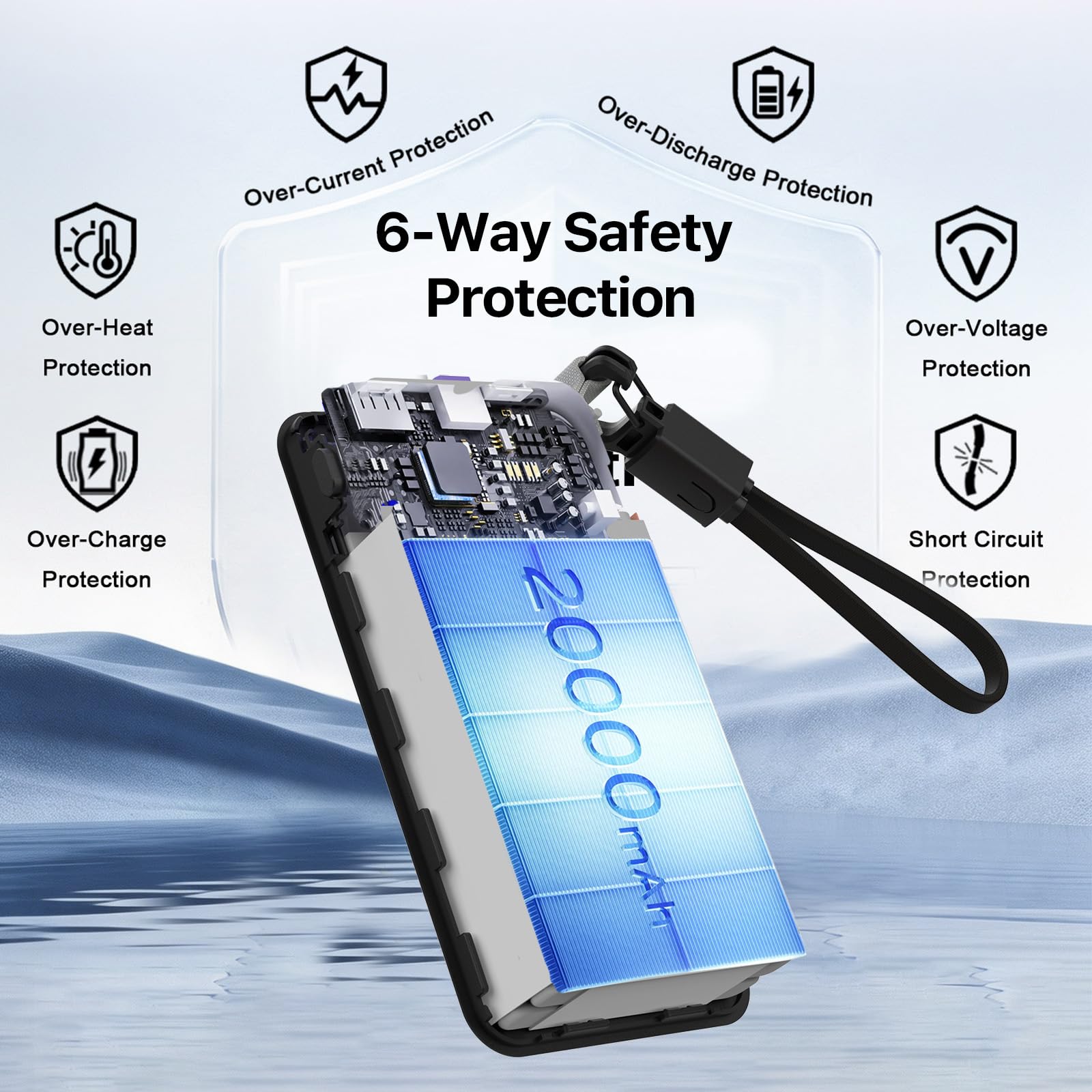 JUOVI Power Bank 20000mAh 90W Caricatore Portatile con Cavo Rimovibile | Ricarica Rapida PD QC con 4 Porte Display LED Batteria Esterna per Laptop MacBook iPad Steam Deck Telefoni