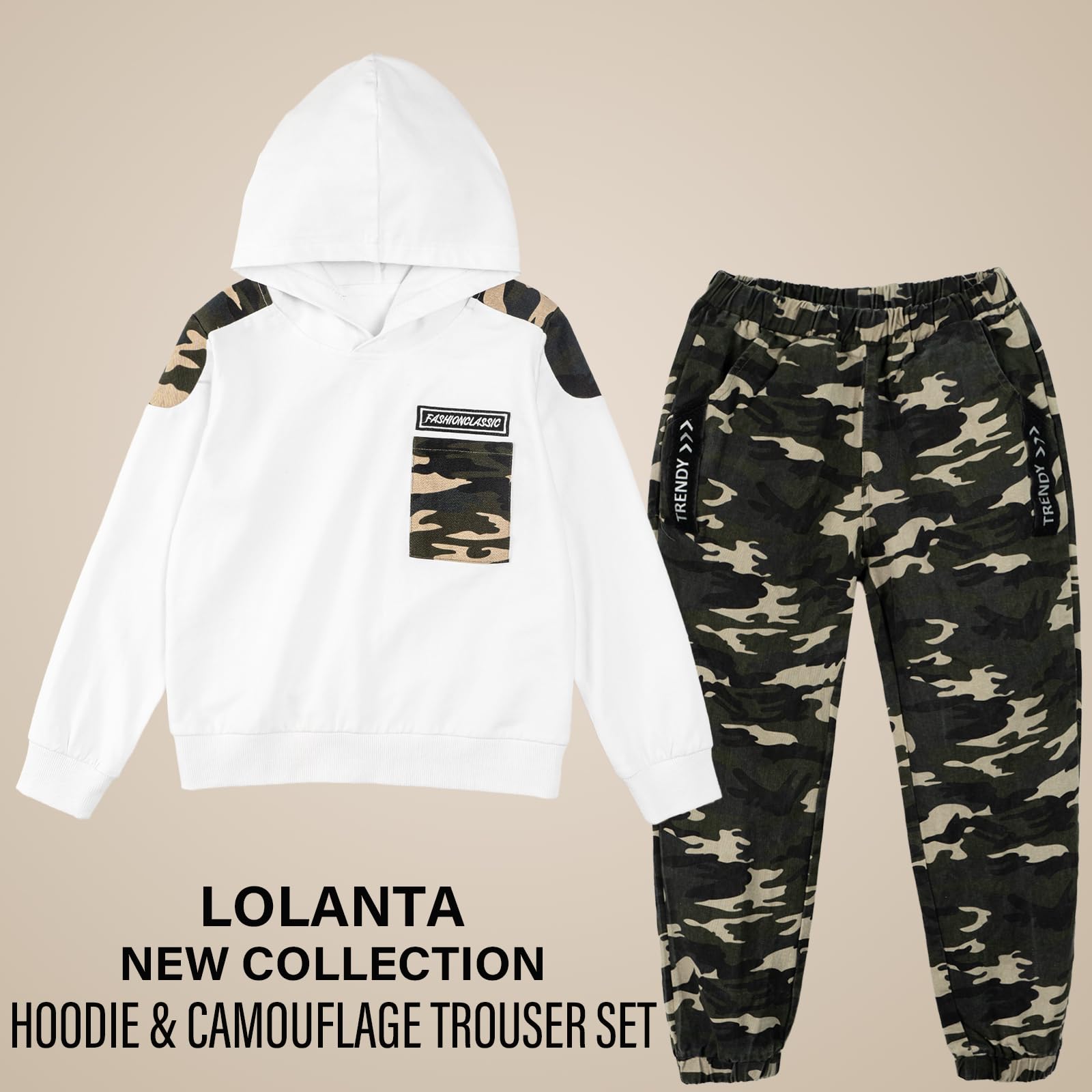 LOLANTA 2PCS Niños Chándal Conjunto Sudadera con Capucha y Camuflaje Cargo Pantalones Traje para 6-13 Años