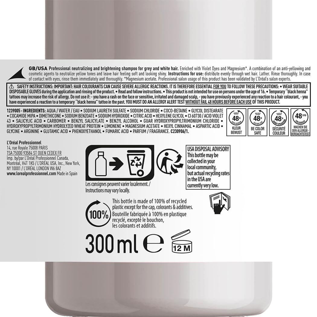 L’Oréal Professionnel | Champú Neutralizador para cabellos grises, blancos o rubios claros, Silver, SERIE EXPERT