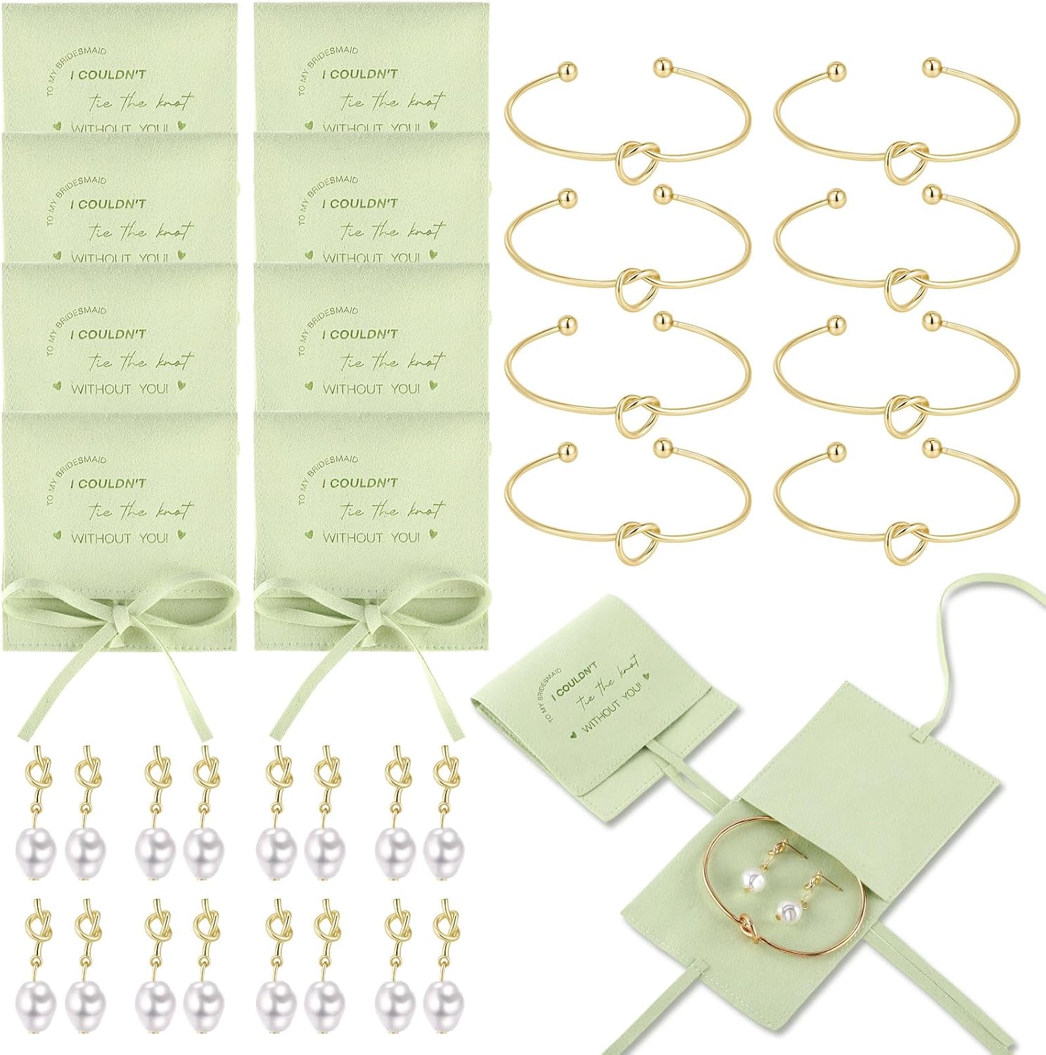 Quelay 24 Pcs Bridesmaid Pearl Jewelry Set of 8 Bridesmaid Bracelet Earrings Jewelry Gift Pouch with Bow Tie I Couldn't Tie The Knot Without You Wedding Bride Shower Supplies