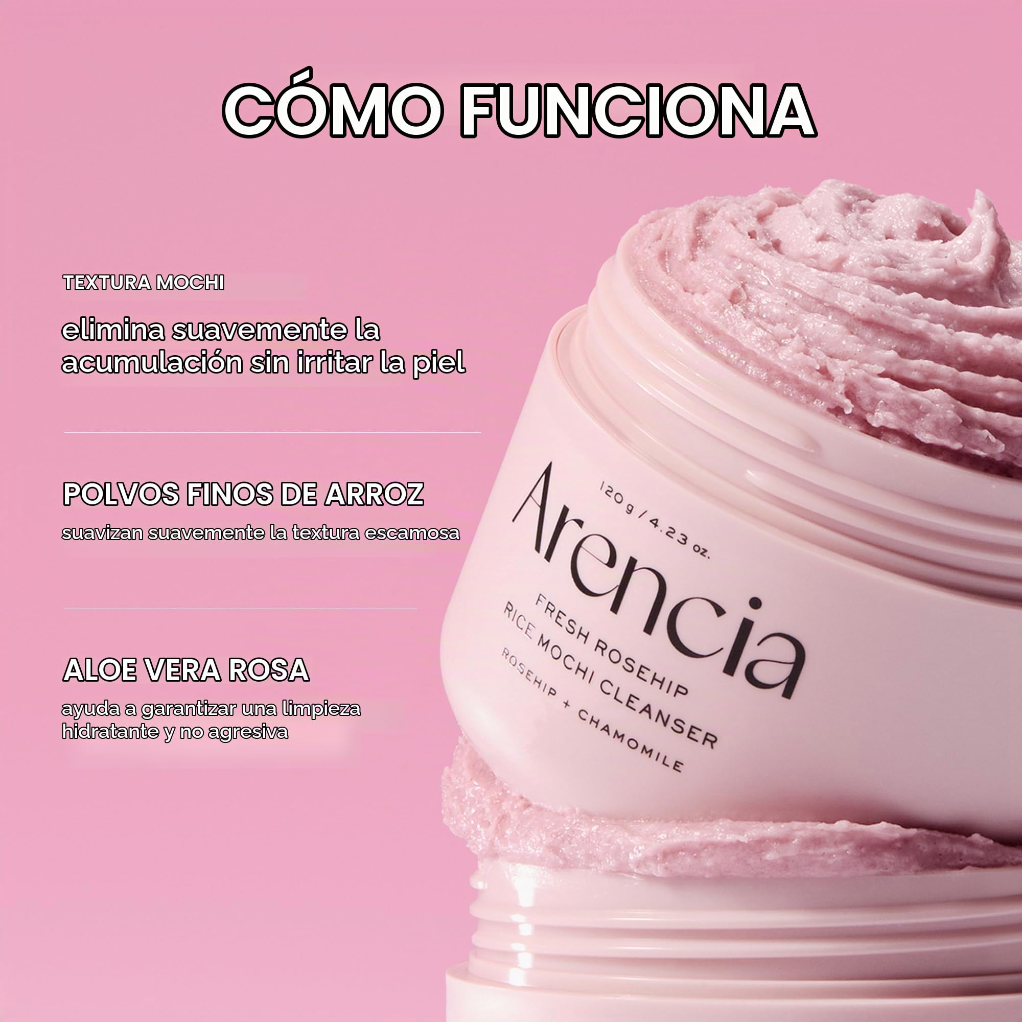 Arencia Limpiador facial de arroz Mochi con rosa mosqueta, exfoliante diario, hidratante, limpieza profunda para todo tipo de pieles, con polvo de arroz y agua de arroz, 50 g