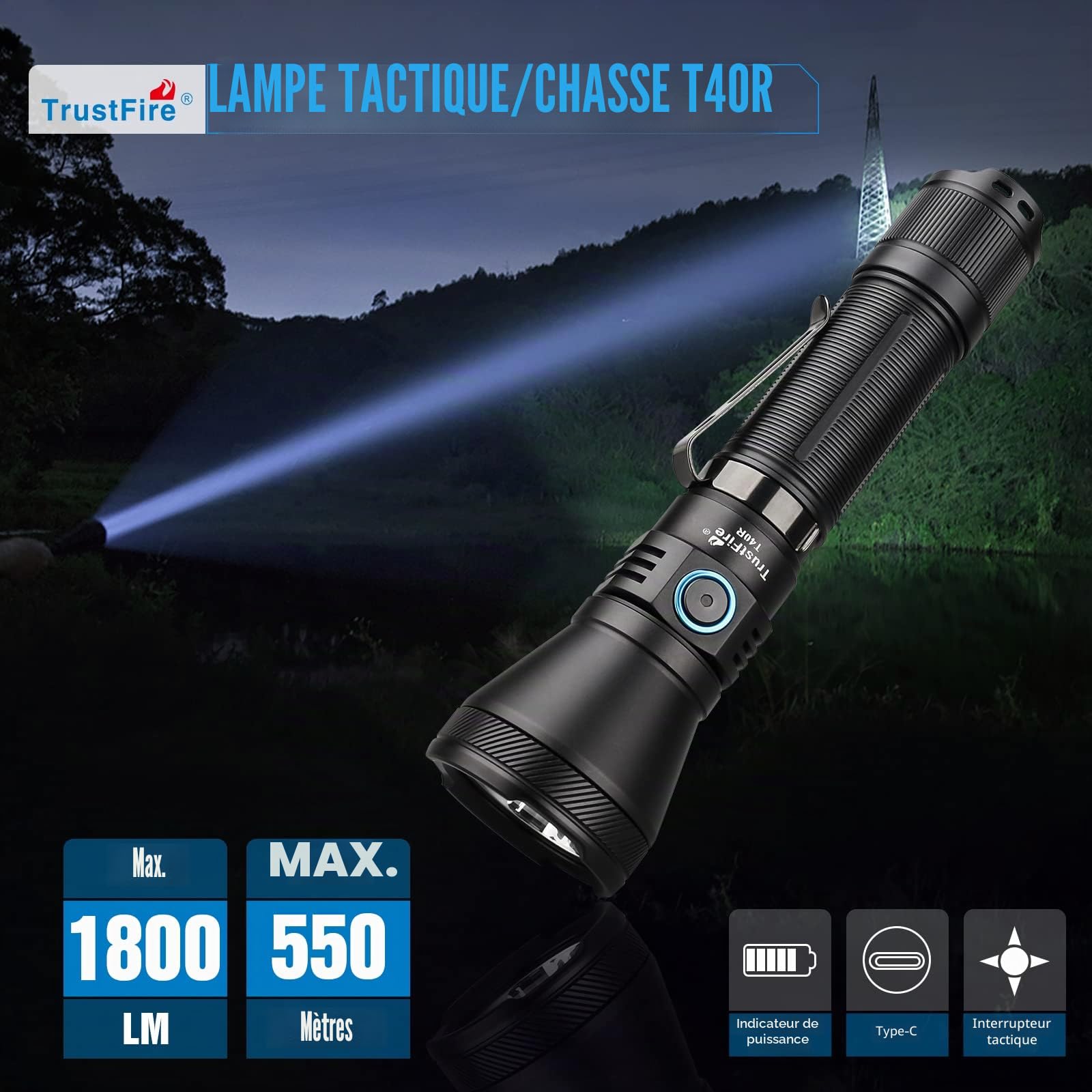 TrustFire T40R Lampe de poche LED, 1800 Lumens, Rechargeable USB, Tactique militaire, Étanche IP68, Portée 550m Torche Puissante, Double Interrupteur, pour Chasse et Camping Randonnée Recherche