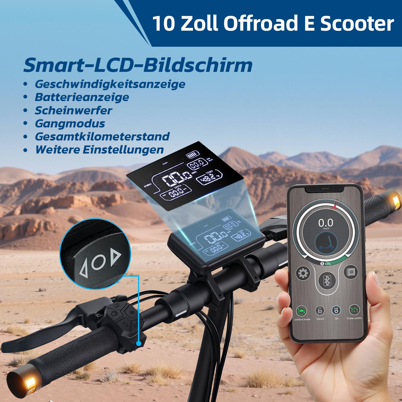 E Scooter mit Straßenzulassung mit Max 70/30KM Reichweite,10/8.5 Zoll Elektroroller mit Komfortable Stoßdämpfer,Faltbarer E Roller Belastung Doppelbremse LED-Licht,APP-Verbindung