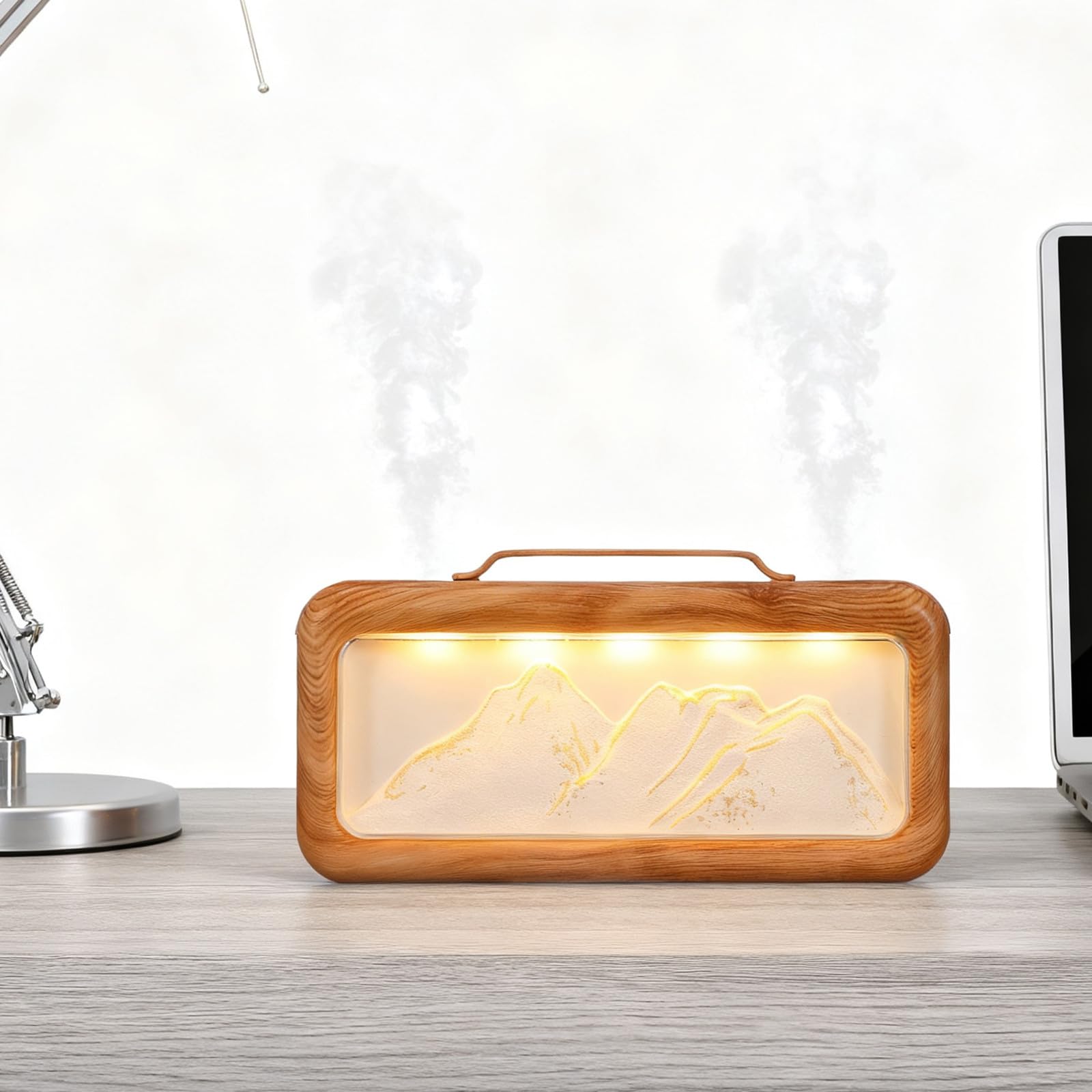 Humidificador Portátil para Dormitorio Diseño de Vetas de Madera y Escena de Montaña, Capacidad de 600 Ml, Decorativo y Silencioso para Uso Personal