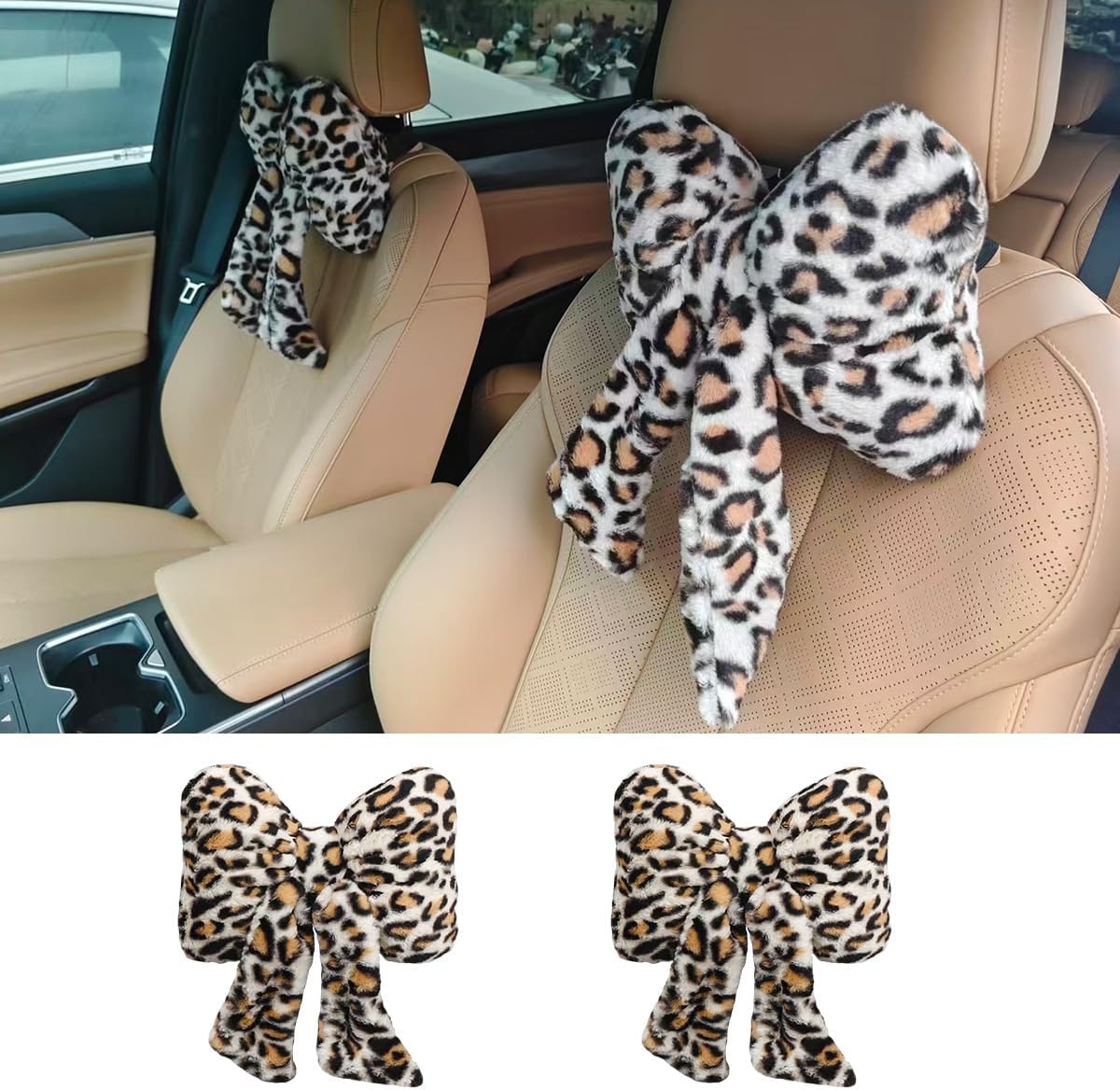 2PCS Cute Bow Car Headrest Pillow, Soft Breathable Leopard Plush Car Neck Support Pillow, Comfortable Warm Ergonomic Auto Interior Head Rest Cushion for Women, Girl (Gray)
