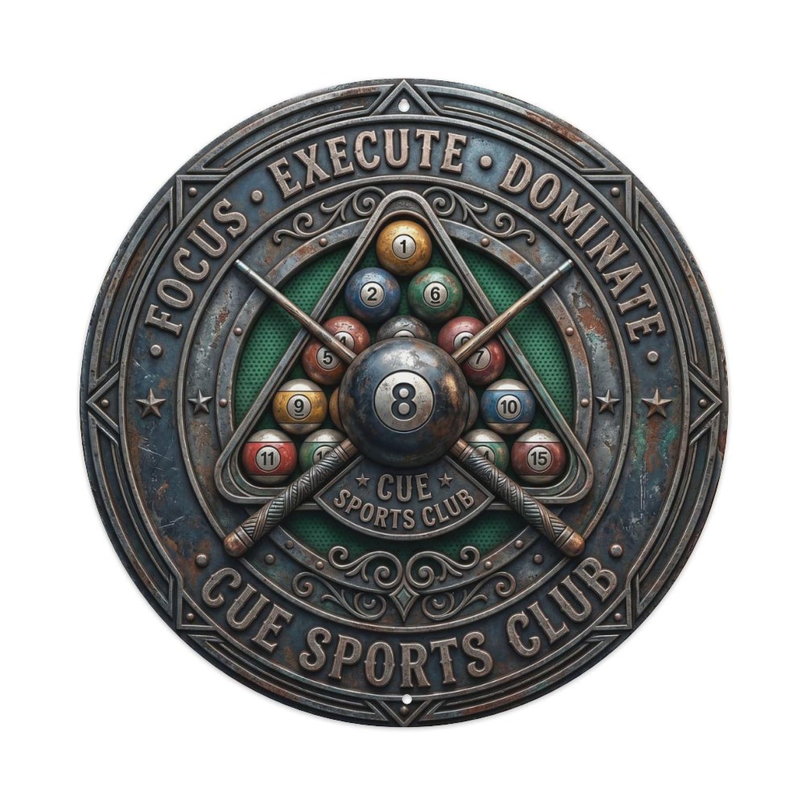 Metal Tin Sign Focus Execute Dominate Cue Sports