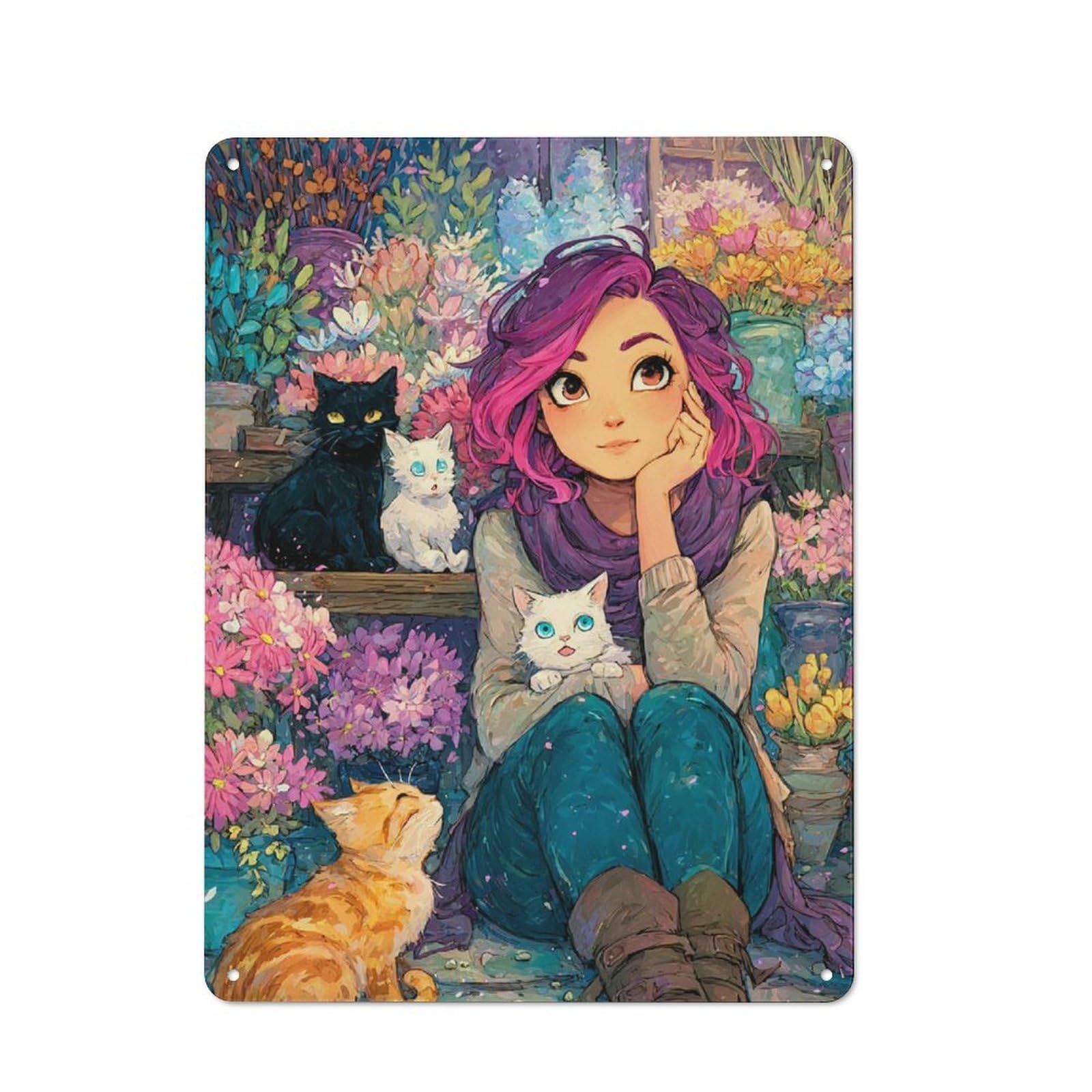 Junmoney Floral Feline Harmony Rustic Tin Wall Plaque 40X30cm For Guest Room Or Hallway, For Garage, Workshop And Man Cave Decoration