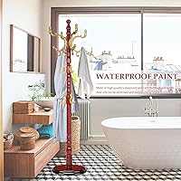 Vista 7 de Perchero de ropa de madera independiente, soporte de árbol de abrigos naturales con 14 ganchos, perchero de 185 cm resistente y fácil de montar