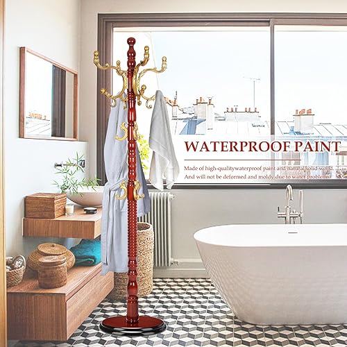 Miniatura 7 de Perchero de madera independiente, soporte de árbol de abrigos naturales con 14 ganchos, 73 pulgadas resistente y fácil de montar para entrada,