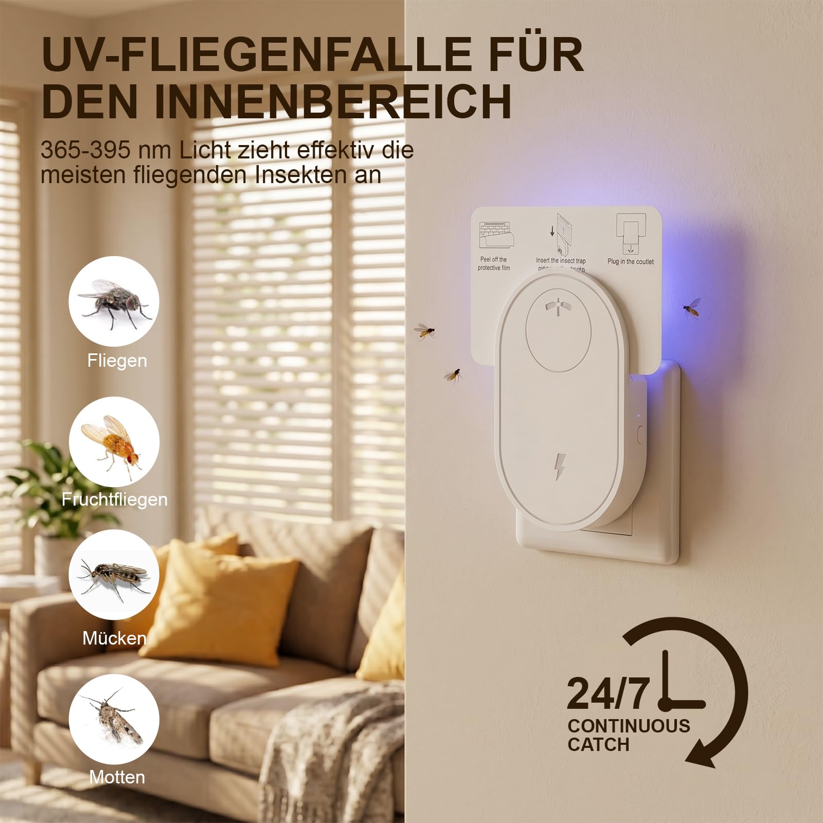 2 Fliegenfalle Innenbereich,Steckdose Fruchtfliegenfalle,Fruchtfliegenfallen für den Innenbereich mit LED-Beleuchtung, geräuschlos,inklusive 12 Klebekarten und 4 Mini-Fruchtfliegenfallen