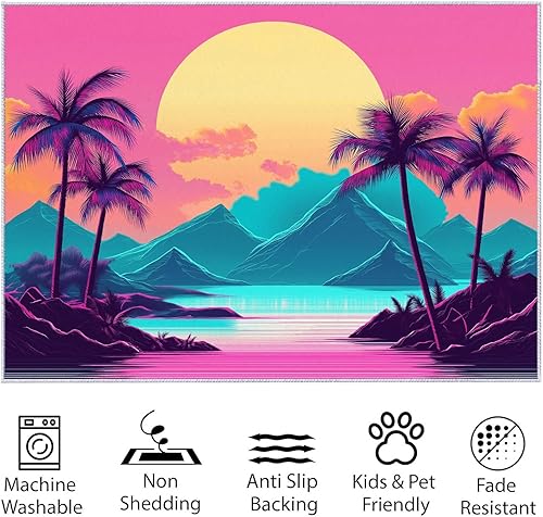 Miniatura 7 de Alfombras de estilo palmeras Sun Synthwave para sala de estar, alfombra lavable morada, alfombra suave y esponjosa, antideslizante, decoración para