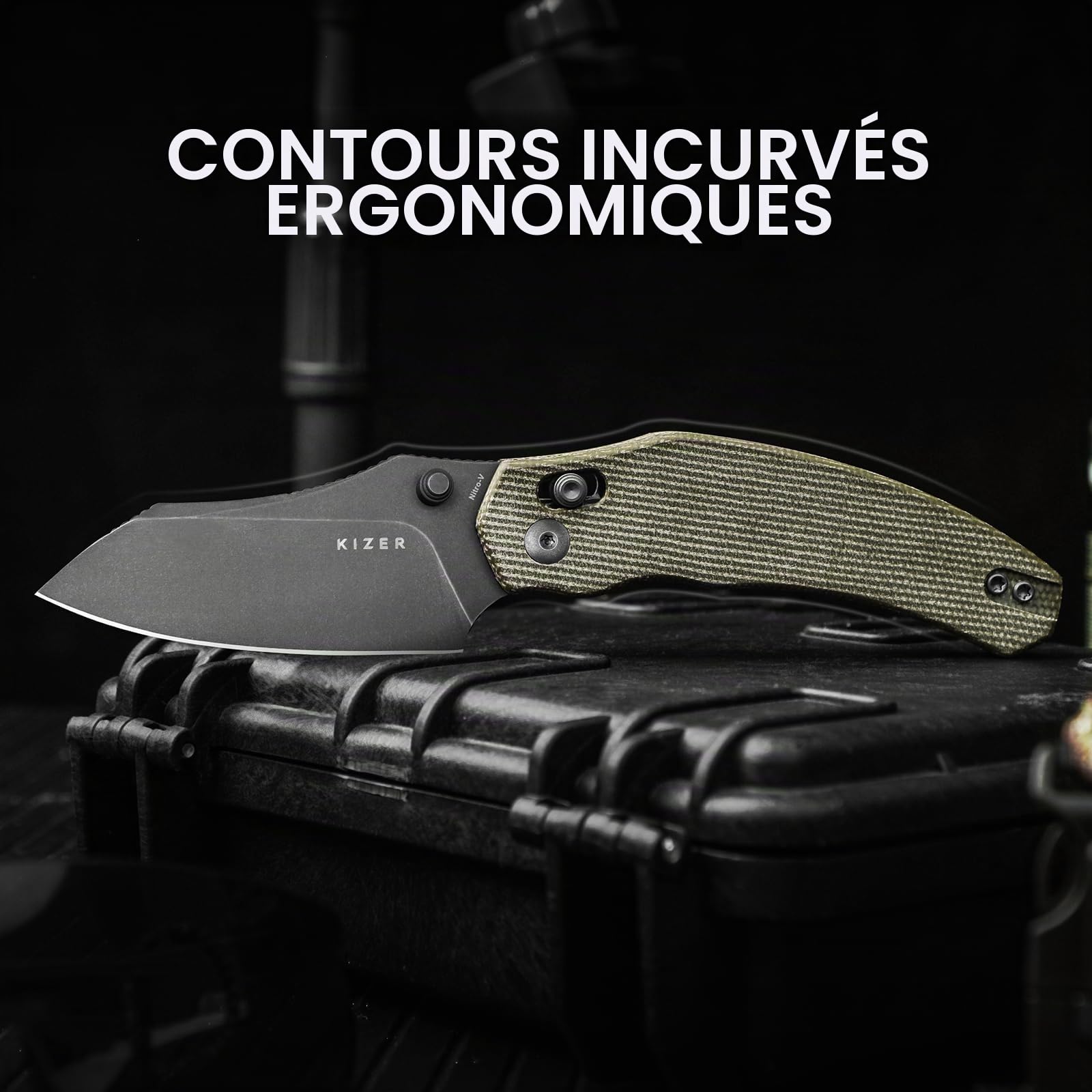 Kizer Bulldog Couteau de Poche, Couteaux Pliable à Lame Nitro V de 7,62cm Manche en Micarta, Couteau de Camping et de Randonnée avec Clip Réversible, Non-automatique, Petits Couteaux EDC V3672A3