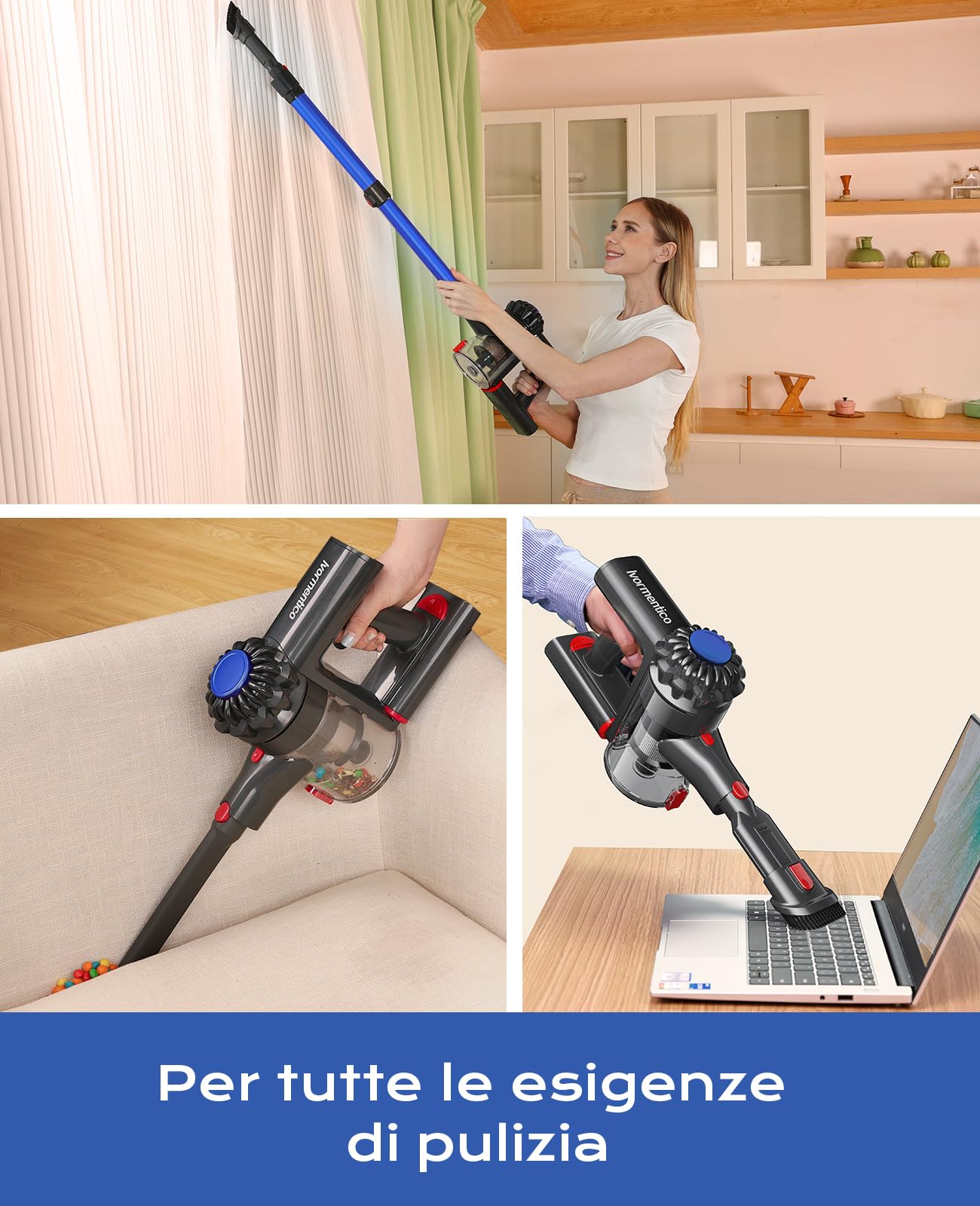 Aspirapolvere Senza Fili, 50Mins/450W/40KPA Scopa Elettrica Senza Fili, Aspirapolvere con LED Verde, Aspirapolvere Verticale con Batteria Rimovibile per Tappeti/Peli Animali, Blu